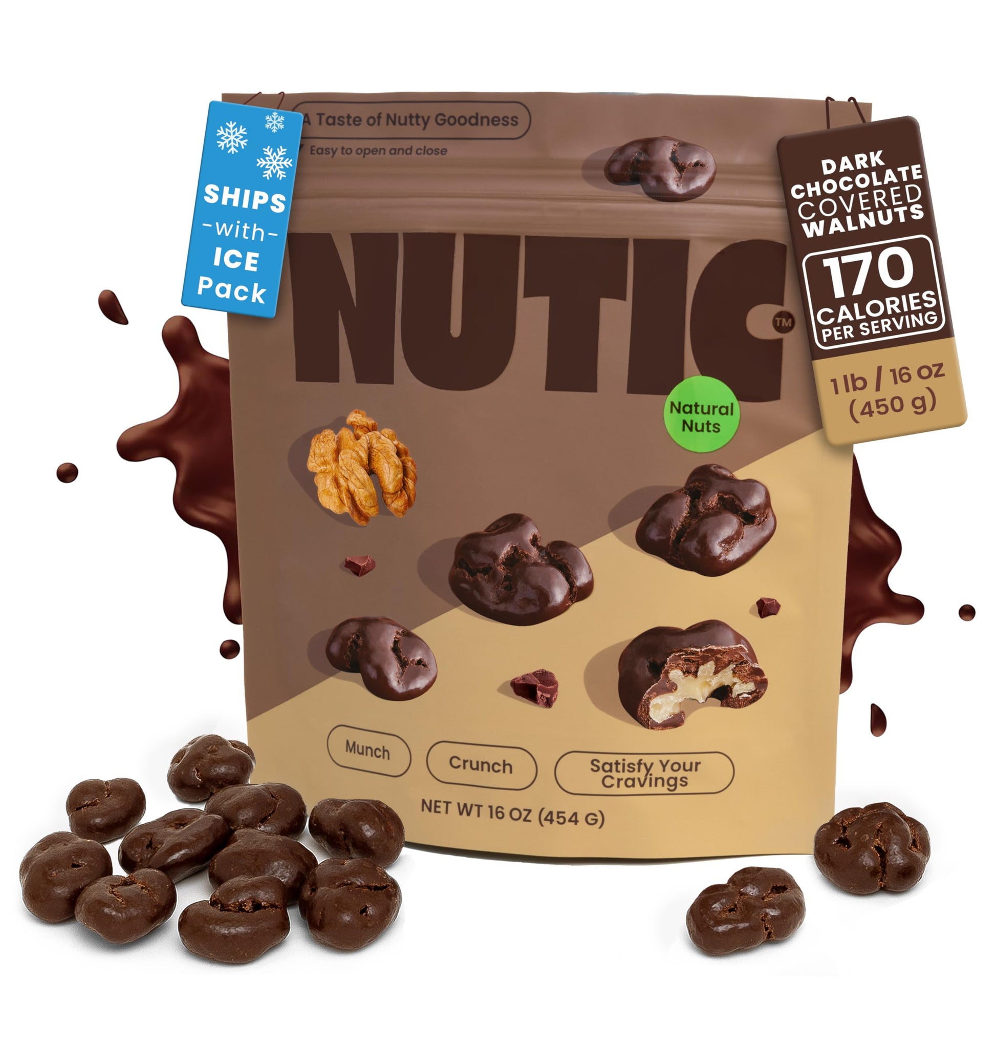 Nutic Dark Chocolate Covered Walnuts - 1 Lb, Premium Roasted Walnuts Drenched In Rich Dark Chocolate, Irresistible Gourmet Treat