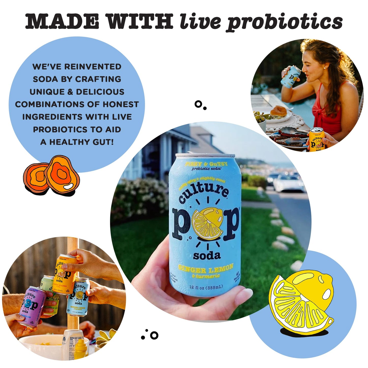 Culture Pop Soda Sparkling Probiotic Drink, Vegan Soda for Gut Health, Non-GMO, GF, No Added Sugar, 12 Pack, 12 Fl Oz Cans, Ging