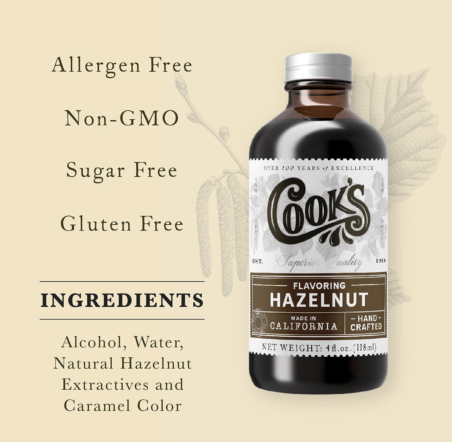 COOKS Pure Hazelnut Flavor for Baking and Cooking, Gluten Free, Vegan, 4 oz