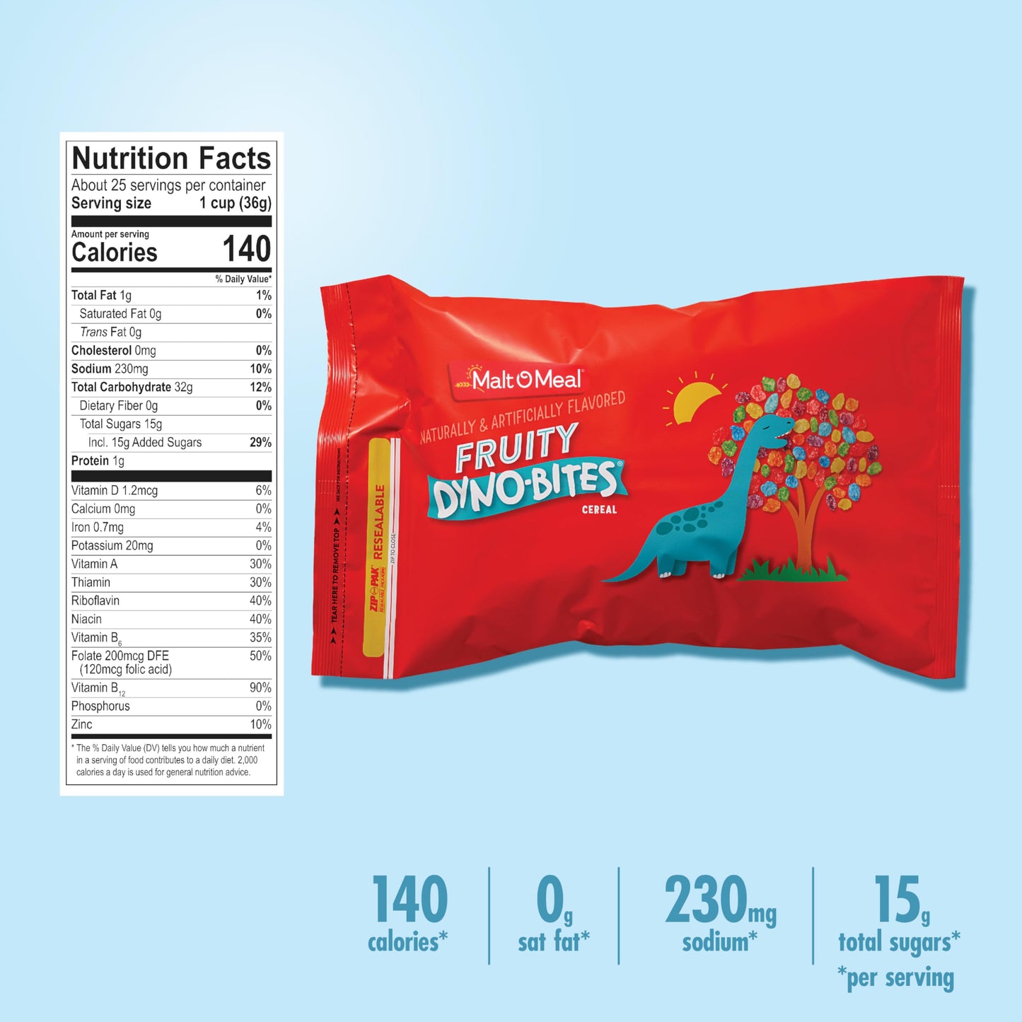 Malt-O-Meal Fruity Dyno Bites Cereal, Gluten Free Breakfast Cereal with Fruity Flavor, Large Cereal for Family, 32 OZ Resealable