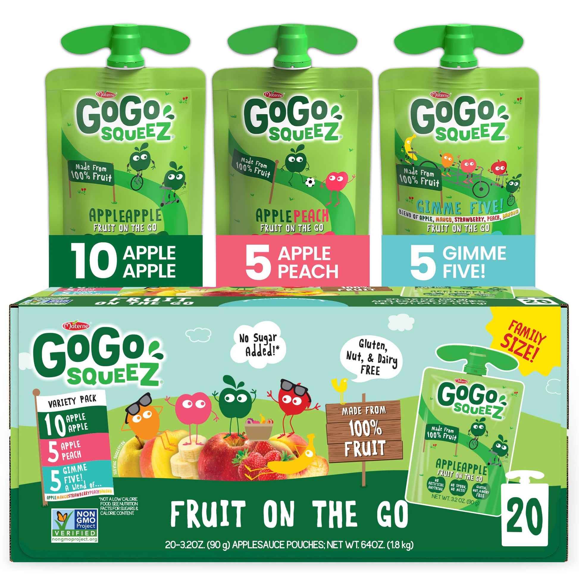 GoGo squeeZ Applesauce and Fruit Puree Variety Pack, Unsweetened Fruit Snacks, 3.2 oz (Pack of 20), Gluten Free, Nut Free, Dairy Free