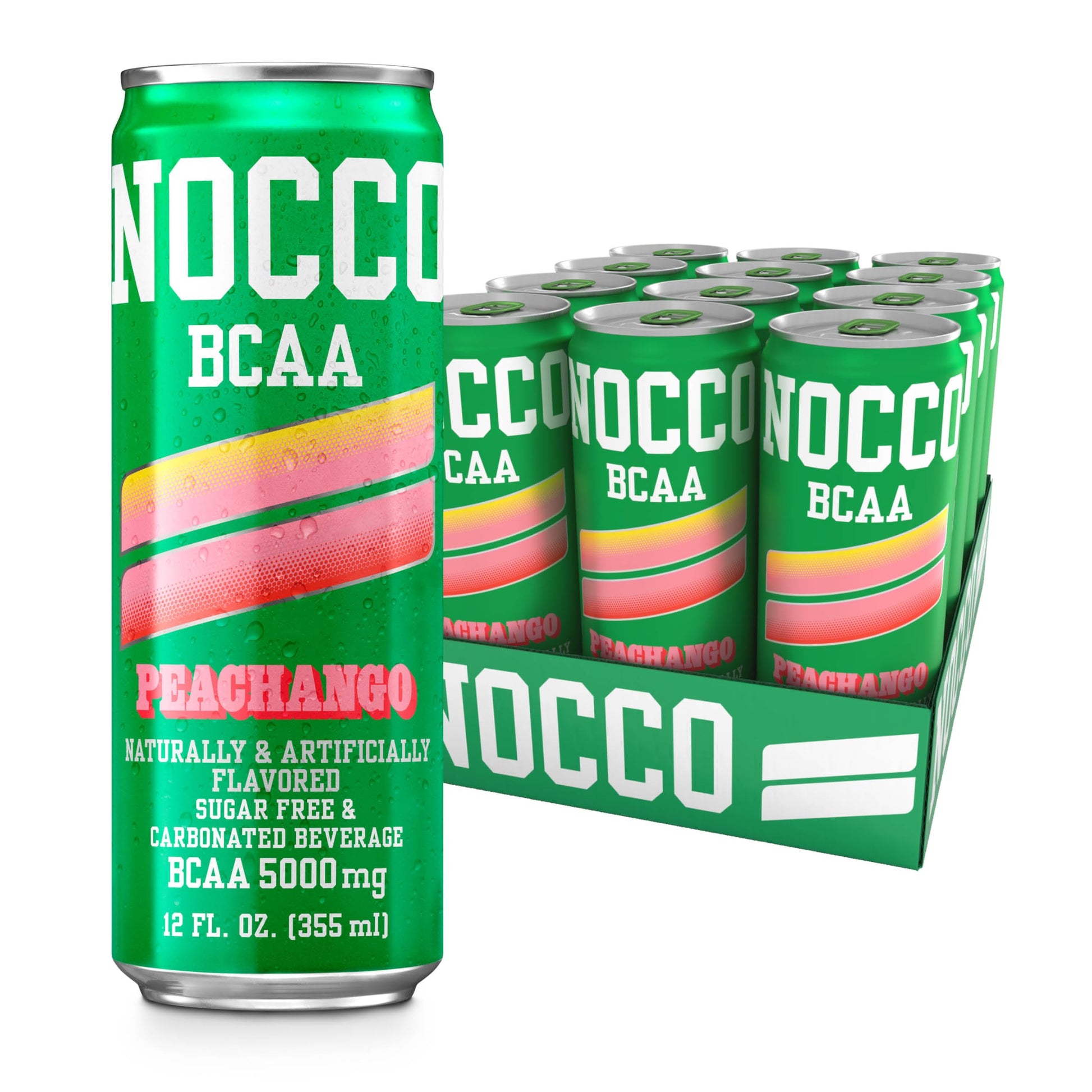NOCCO BCAA Drink Peachango - Sugar Free & Low Calorie - 12 Fl Oz (Pack of 12) - 5000mg BCAAs, Caffeine Free, with Vitamins