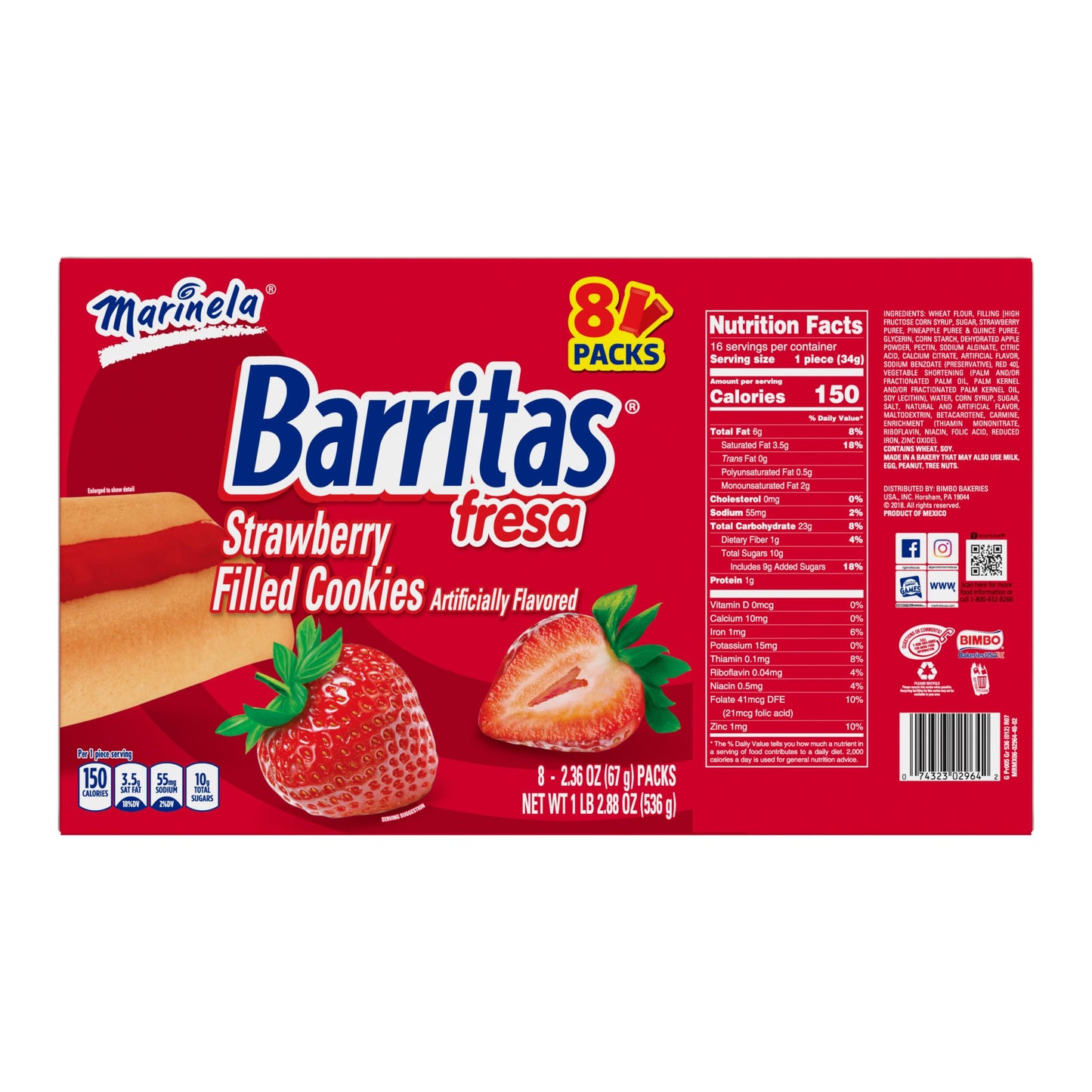 Marinela Barritas Fresa Filled Cookies, 8 packs, 18.88 oz