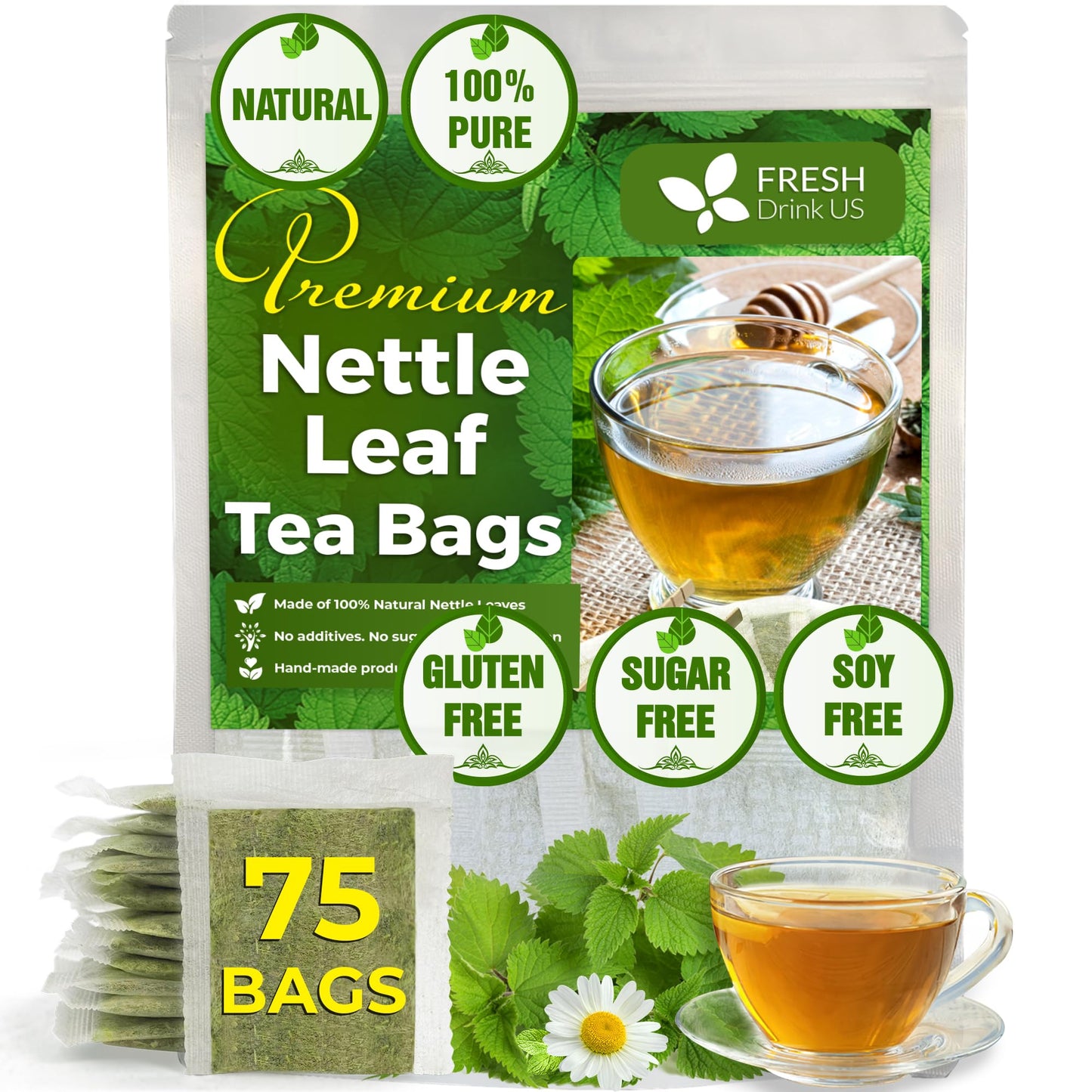FRESHDRINKUS Premium Nettle Leaf Tea Bags, 100% Natural Herbal Tea, Vegan, 75 Count