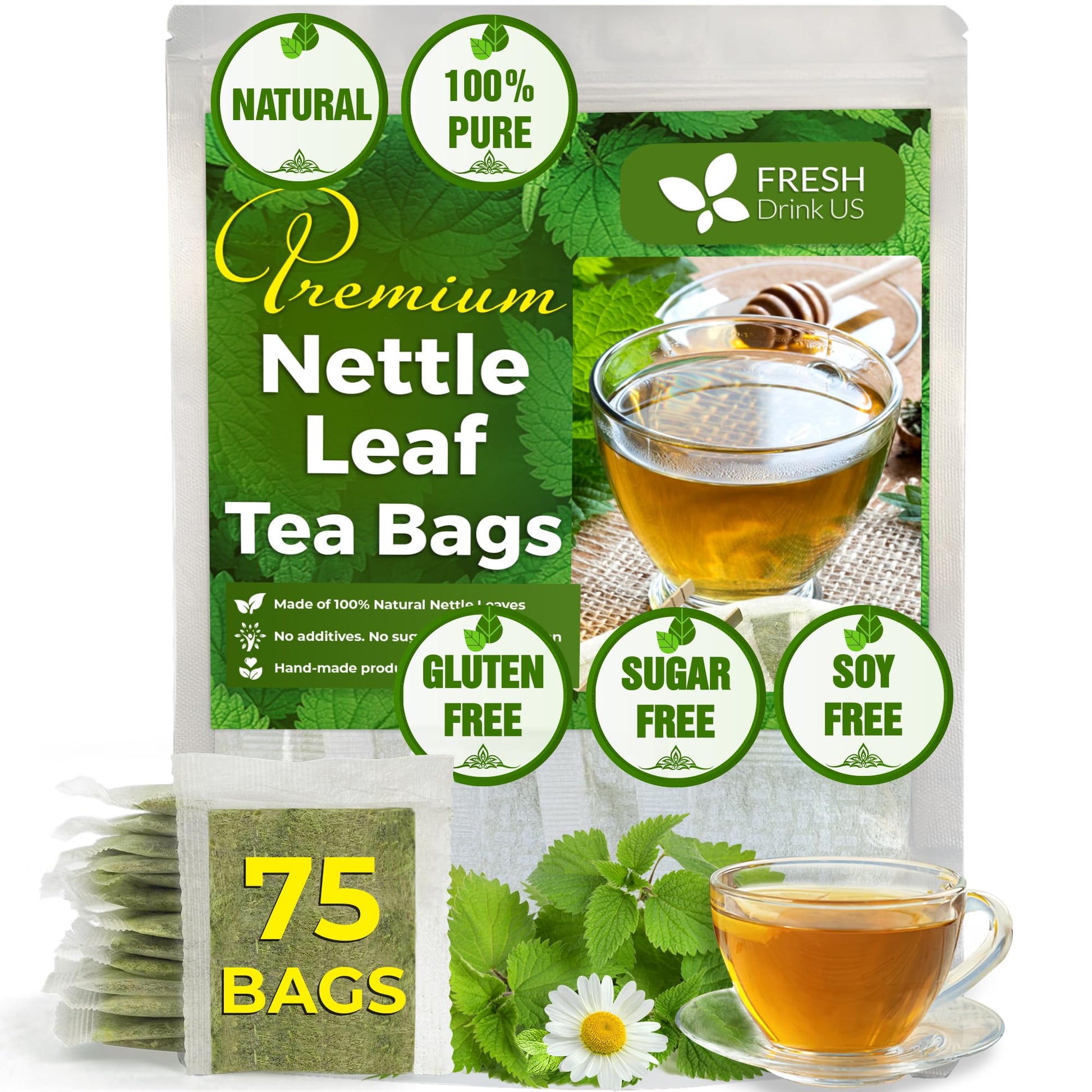 FRESHDRINKUS Premium Nettle Leaf Tea Bags, 100% Natural Herbal Tea, Vegan, 75 Count