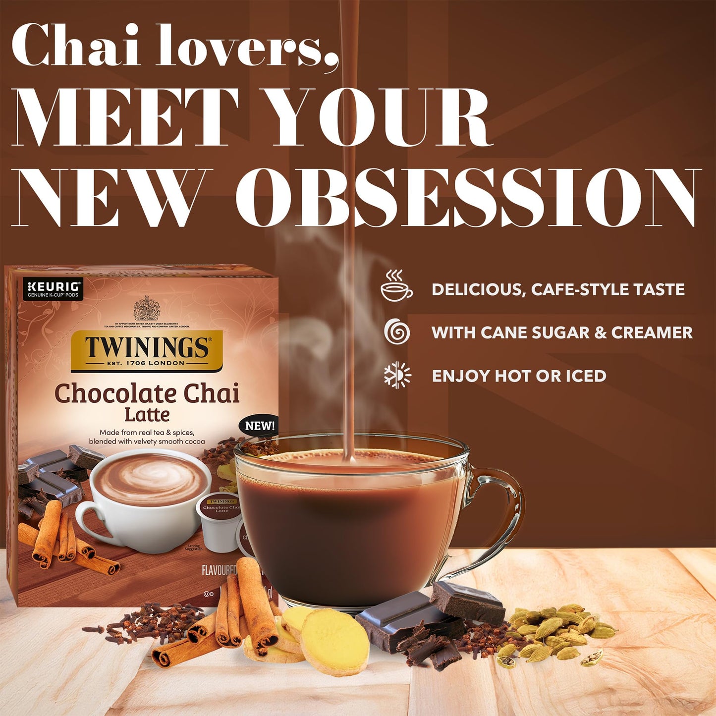 NEW Twinings Chocolate Chai Latte Tea K-Cup Pods for Keurig, 22 Count (Pack of 1), Velvety Smooth Cocoa with Real Spiced Tea, Ca