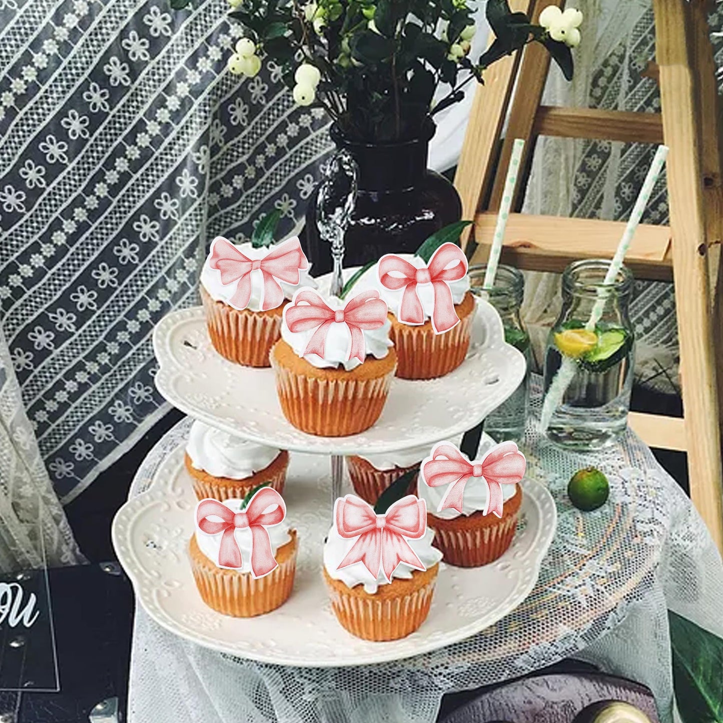 Cyodoos 40Pcs Edible Pink Bowknot Cupcake Toppers Wafer Paper Bowknot Cake Dessert Picks Drink Topper Baby Shower Princess Cupca