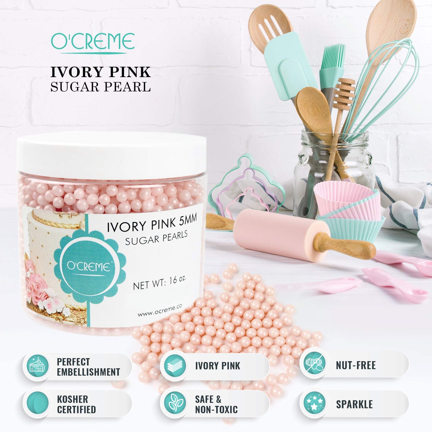 OCREME Edible Sugar Pearls Cake Decorating Supplies, 2mm, 8 Oz, Pink, Cookie & Cupcake Toppings, Certified Baking Beads
