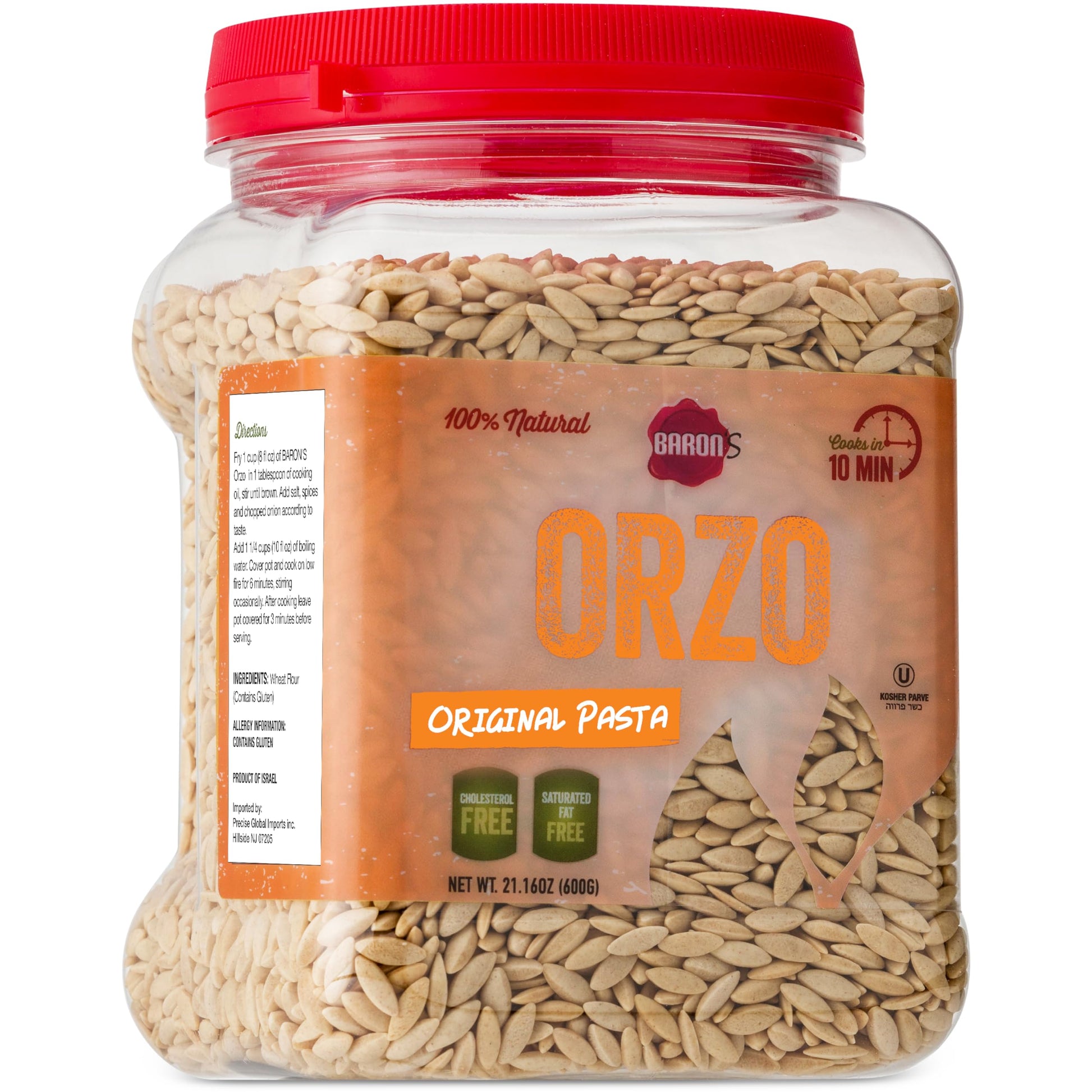 Barons Orzo Pasta Original | 1 Pack Of 21.16Oz Kosher Jars | Natural Israeli Rice-Shaped Orzo For Soups, Casseroles & Salads | C