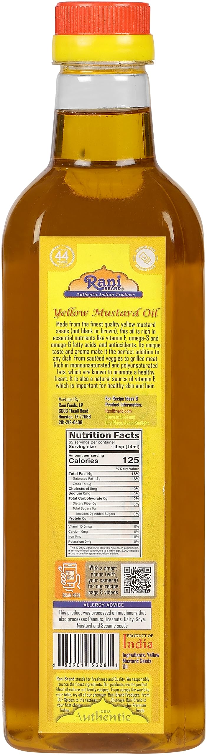 Rani Yellow Mustard Oil (Kachi Ghani) 33.8 Ounce (1 Liter) Non-Gmo | Gluten Free | Vegan | 100% Natural | Kosher