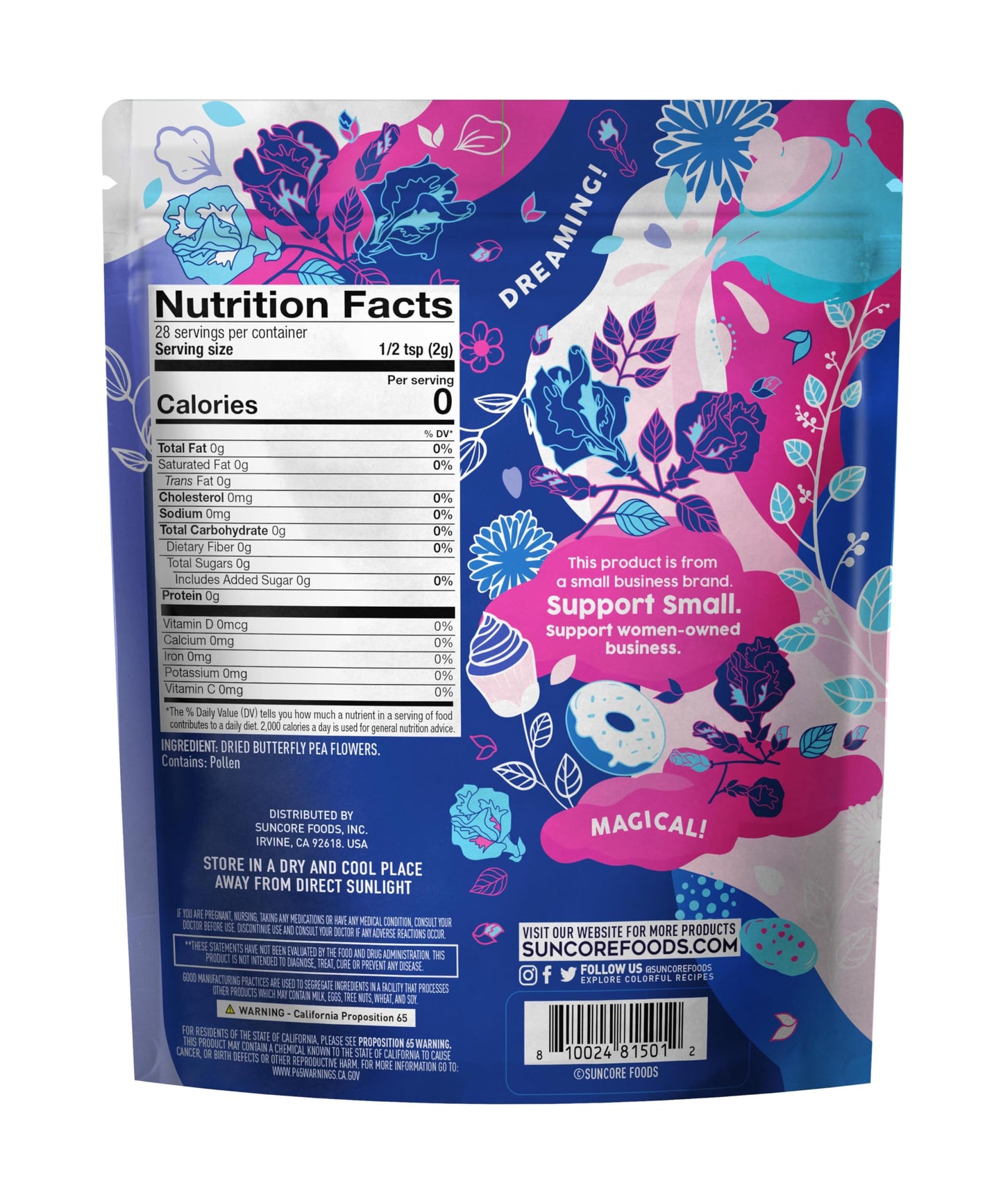 Suncore Foods Dried Butterfly Pea Flowers Tea, Caffeine-Free, Gluten-Free, Non-GMO, 2oz, Blue/Purple/Pink