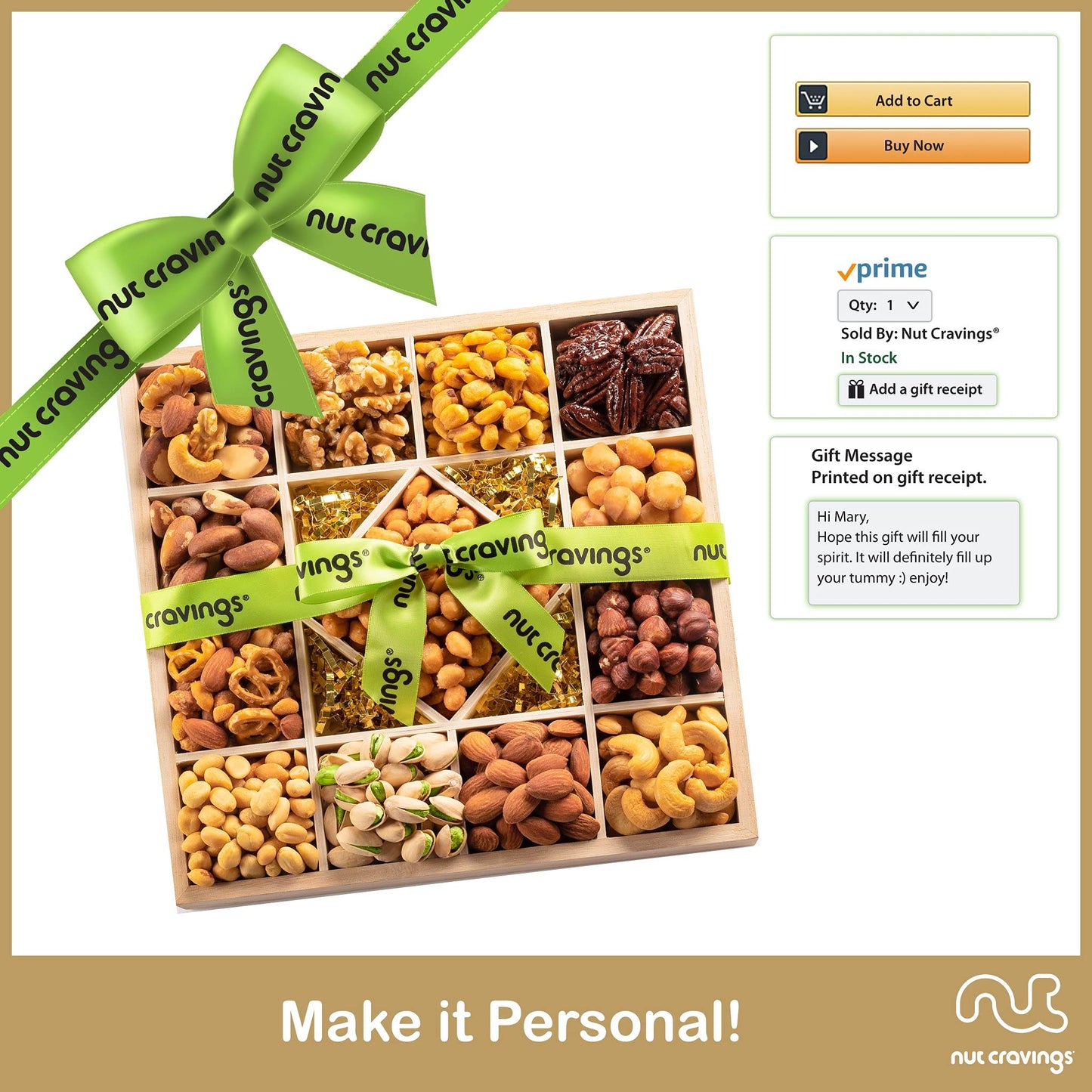 Nut Cravings - Thanksgiving Mixed Nuts Gift Basket In Reusable Diamond Wooden Tray + Green Ribbon (13 Assortments) Holiday Xmas Christmas Food Arrangement Healthy Snack Care Package