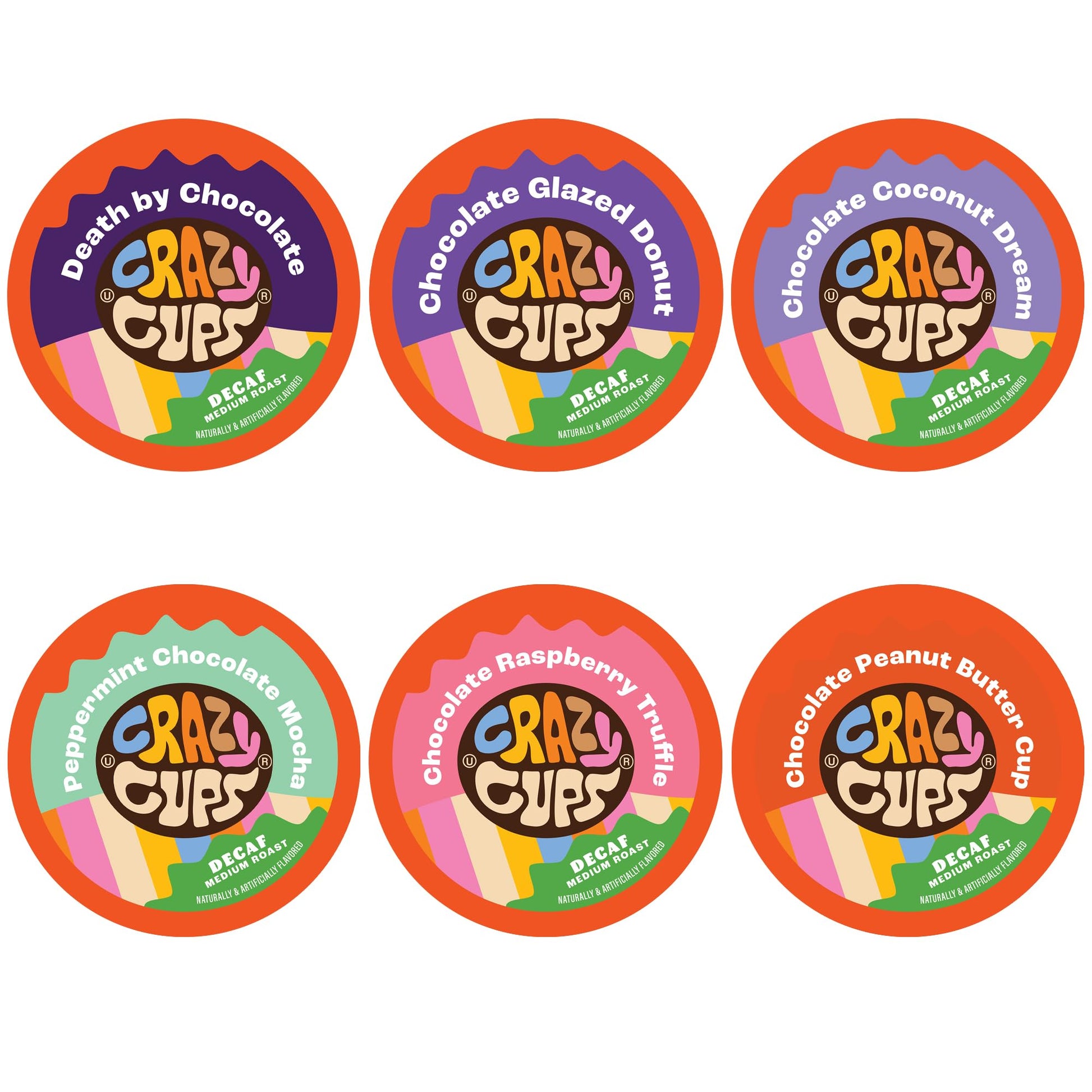 Crazy Cups Decaf Chocolate Coffee Pods Variety Pack, 72 Count, Includes Death By Chocolate, Chocolate Raspberry, Peppermint Mocha