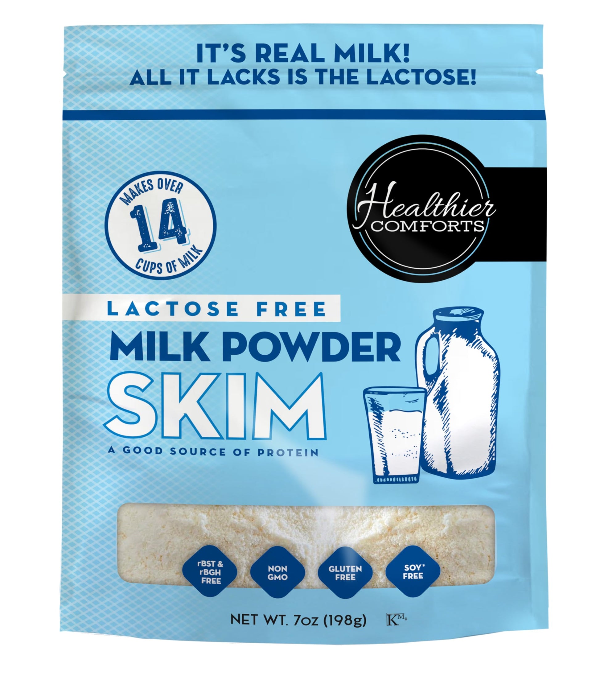 Healthier Comforts Lactose Free Skim Milk Powder | High Protein, Non-GMO | 7 Ounce