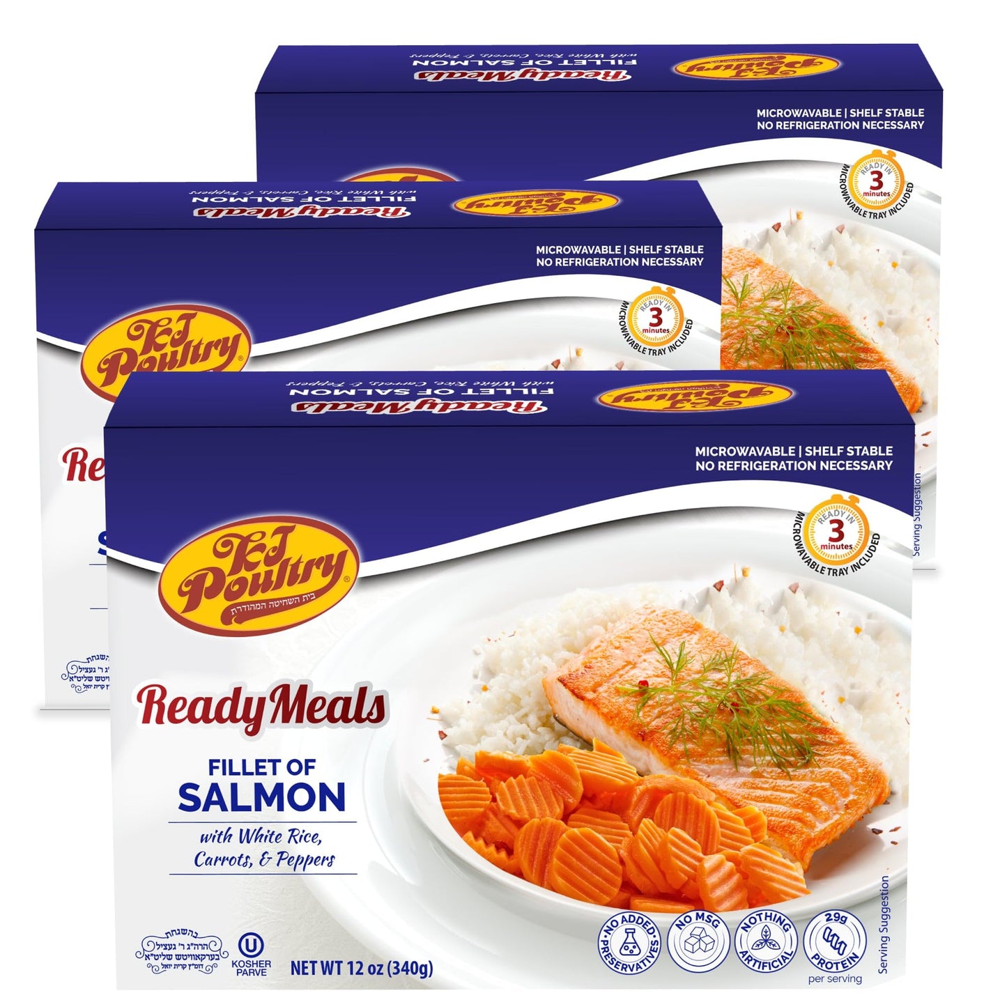 Kosher Salmon Fillet Fish, Parve MRE Meal Ready to Eat, Protein Food (3 Pack) Prepared Entree Fully Cooked, Shelf Stable Microwa