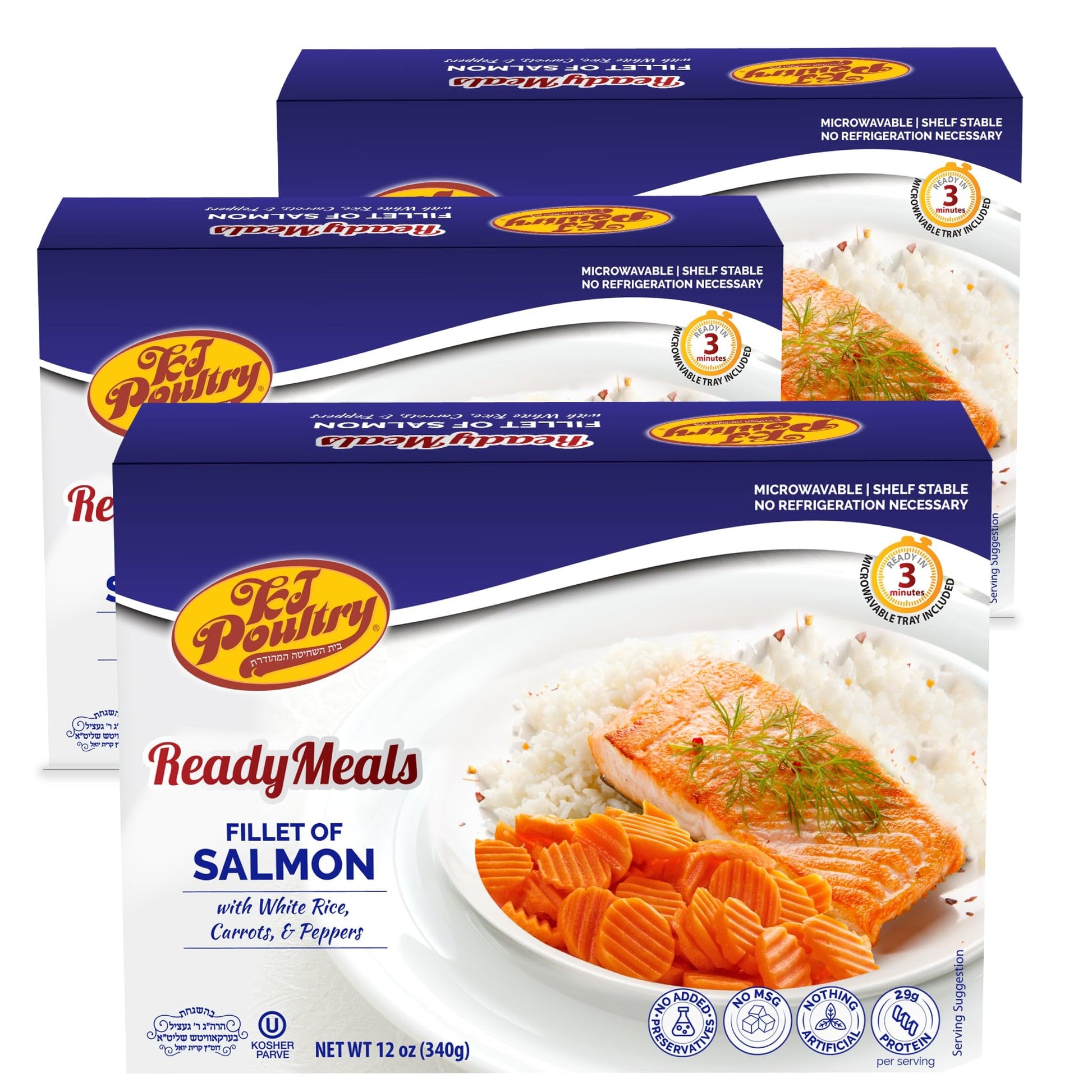 Kosher Salmon Fillet Fish, Parve MRE Meal Ready to Eat, Protein Food (3 Pack) Prepared Entree Fully Cooked, Shelf Stable Microwa