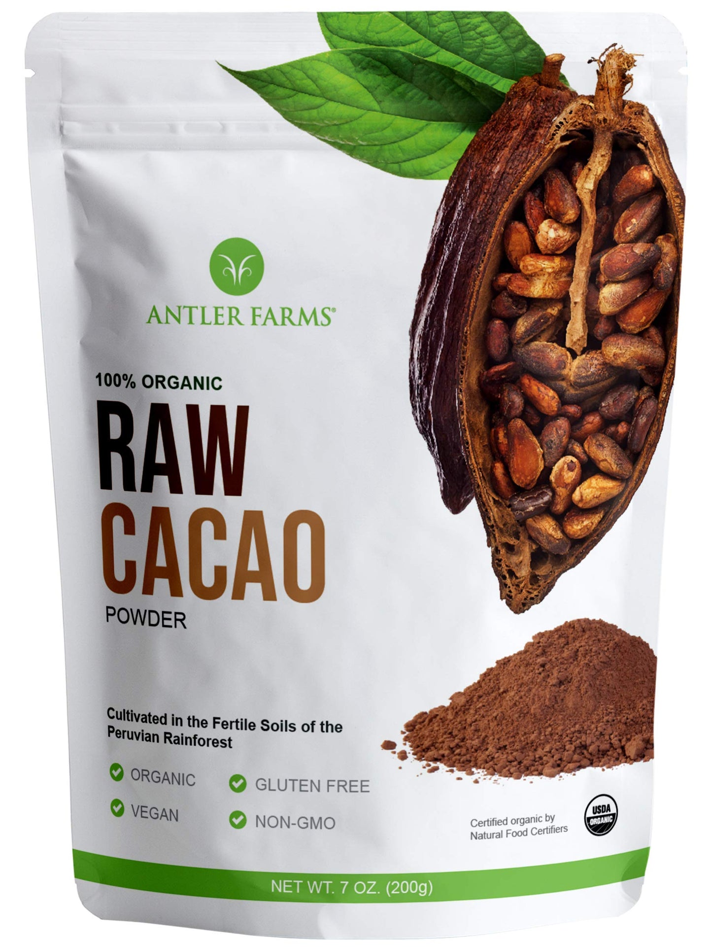 Antler Farms - 100% Pure Organic Raw Cacao Powder, 40 Servings, 200G - Vegan, Gluten Free, Cultivated Naturally In Large Online Retailer Rainforest, Certified Usda Organic