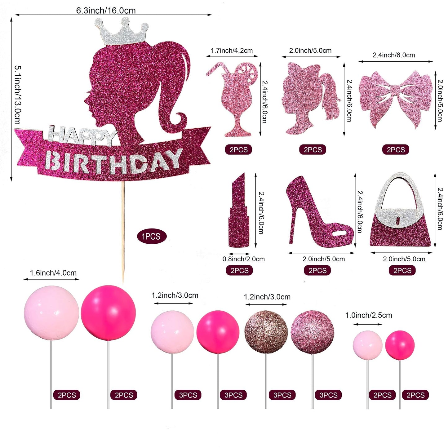 Hot Pink Girl Princess Cake Decorations - Glitter Happy Birthday Cake Topper With 20 Balls For Cake Decorating & 12 Girls Cupcak