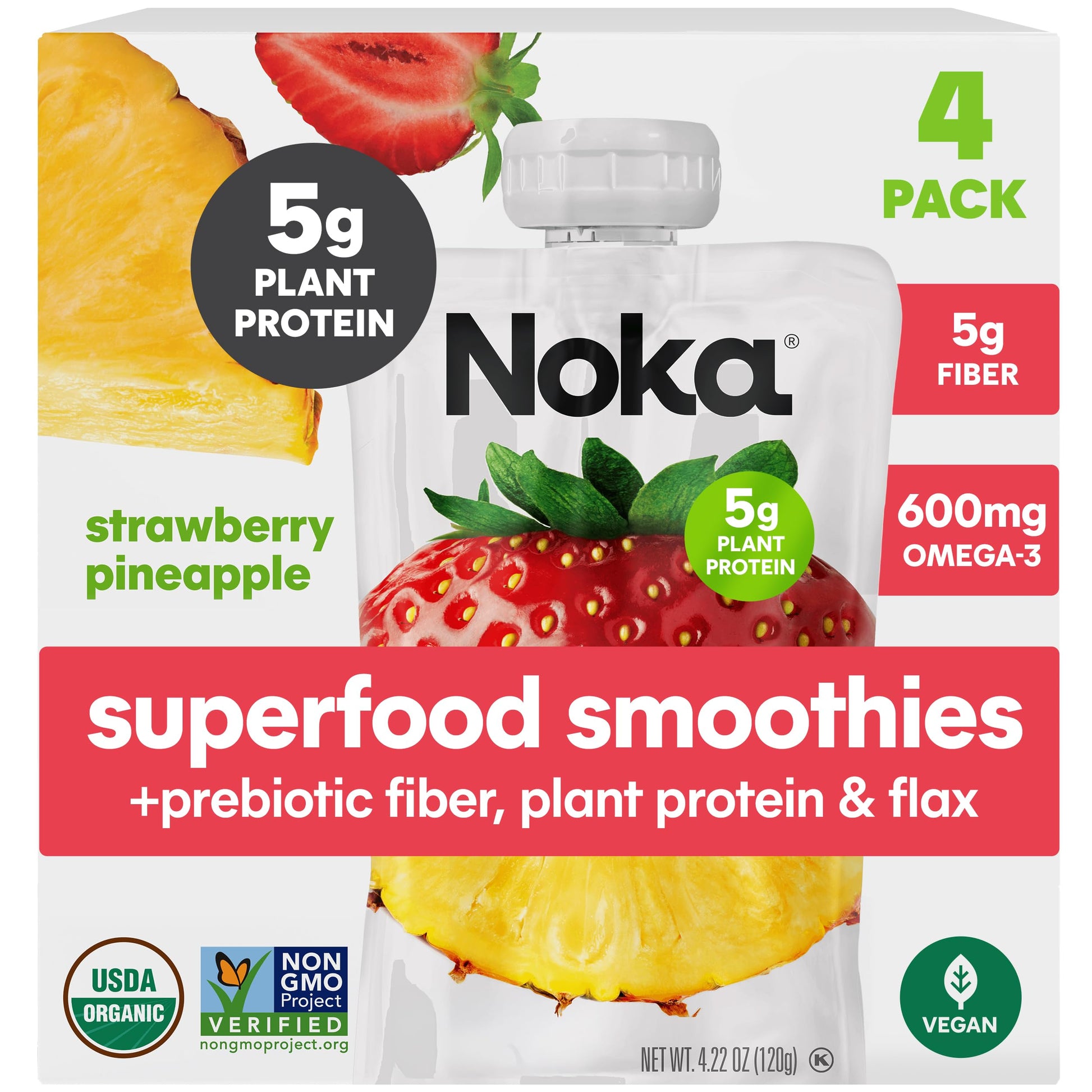 Noka Superfood Smoothie Pouches (Strawberry Pineapple) 4 Pack, with Plant Protein, Prebiotic Fiber & Flax Seed, Organic, Gluten 
