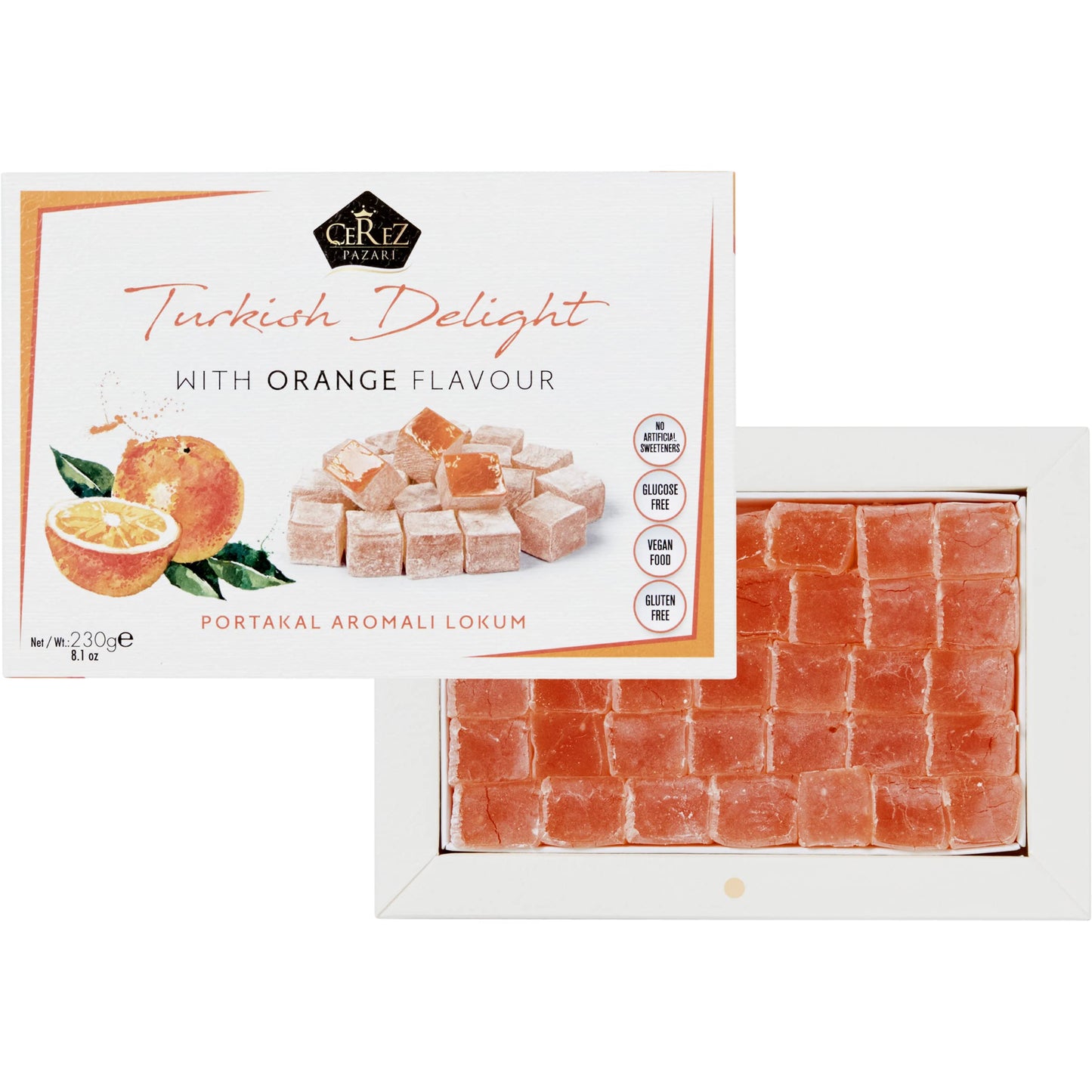 Cerez Pazari Turkish Delight With Orange Flavour 8.1 Oz Gourmet Small Size Snacks Gift Box | No Nuts Sweet Traditional Confectio