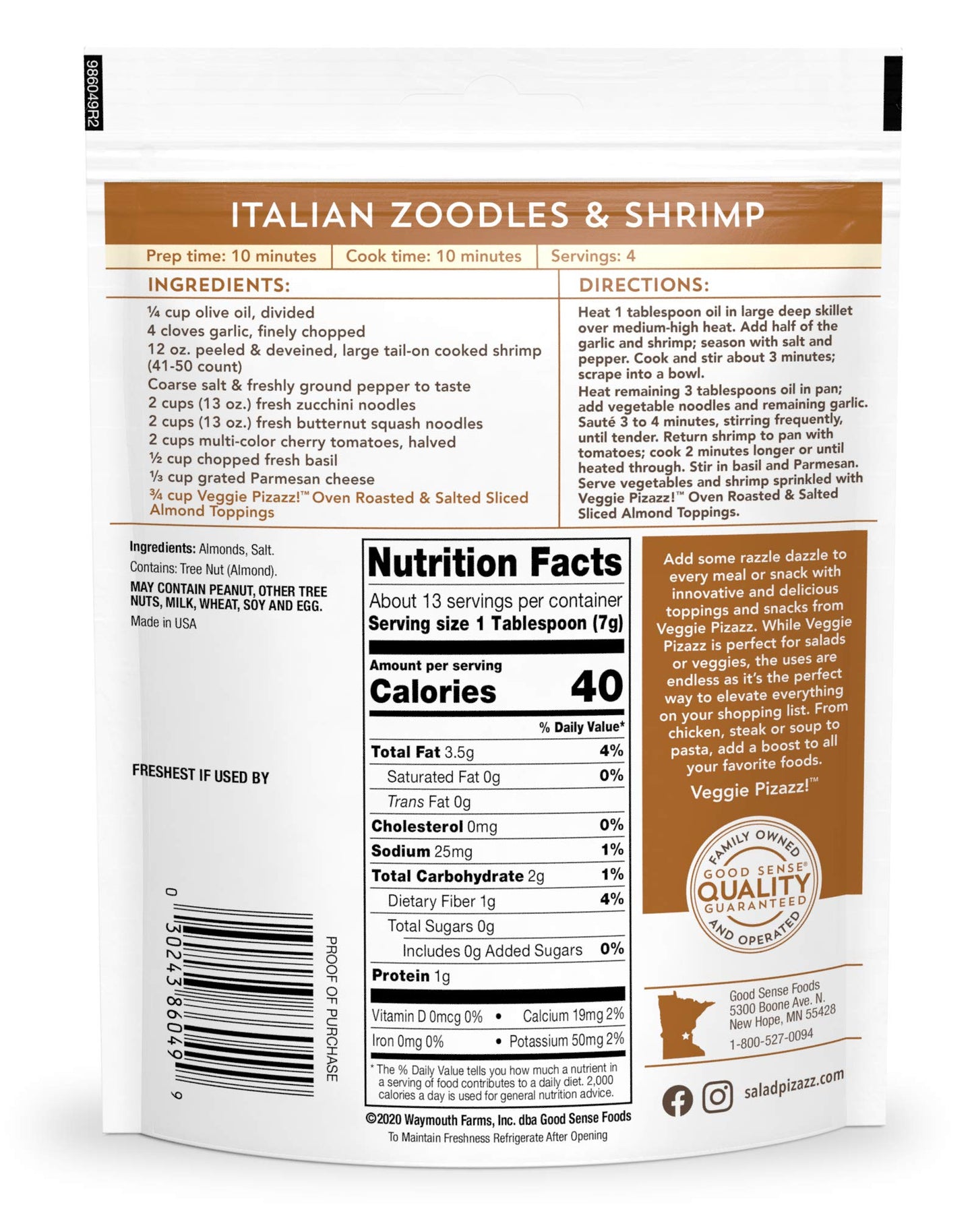 Salad Pizazz Almond Toppings  Oven Roasted Sea Salt  Snack Mix and Salad Topping  Non-GMO  All-Natural  Resealable Bag  3.25 Oz