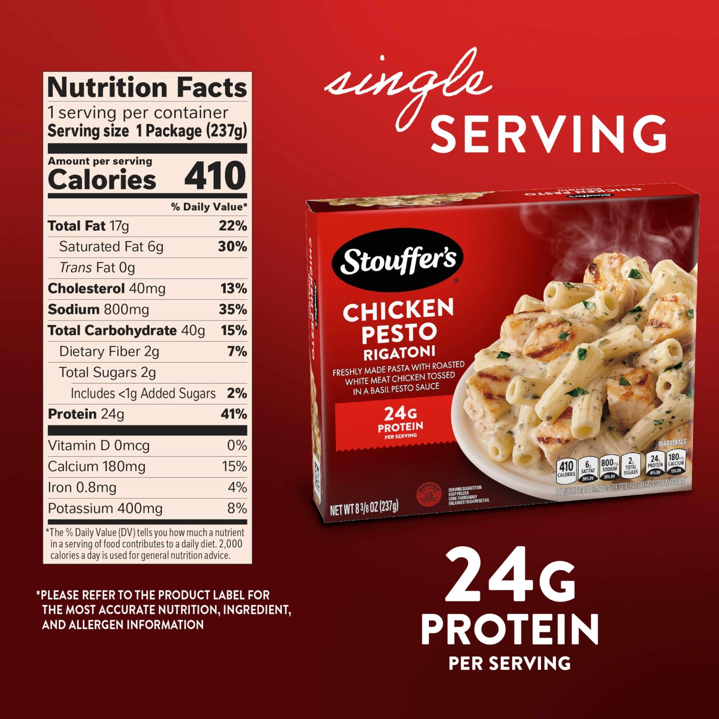 Stouffers Chicken Pesto Rigatoni, Single Serve, Frozen Chicken Pasta, Oven or Microwave Dinners, Single Frozen Meals