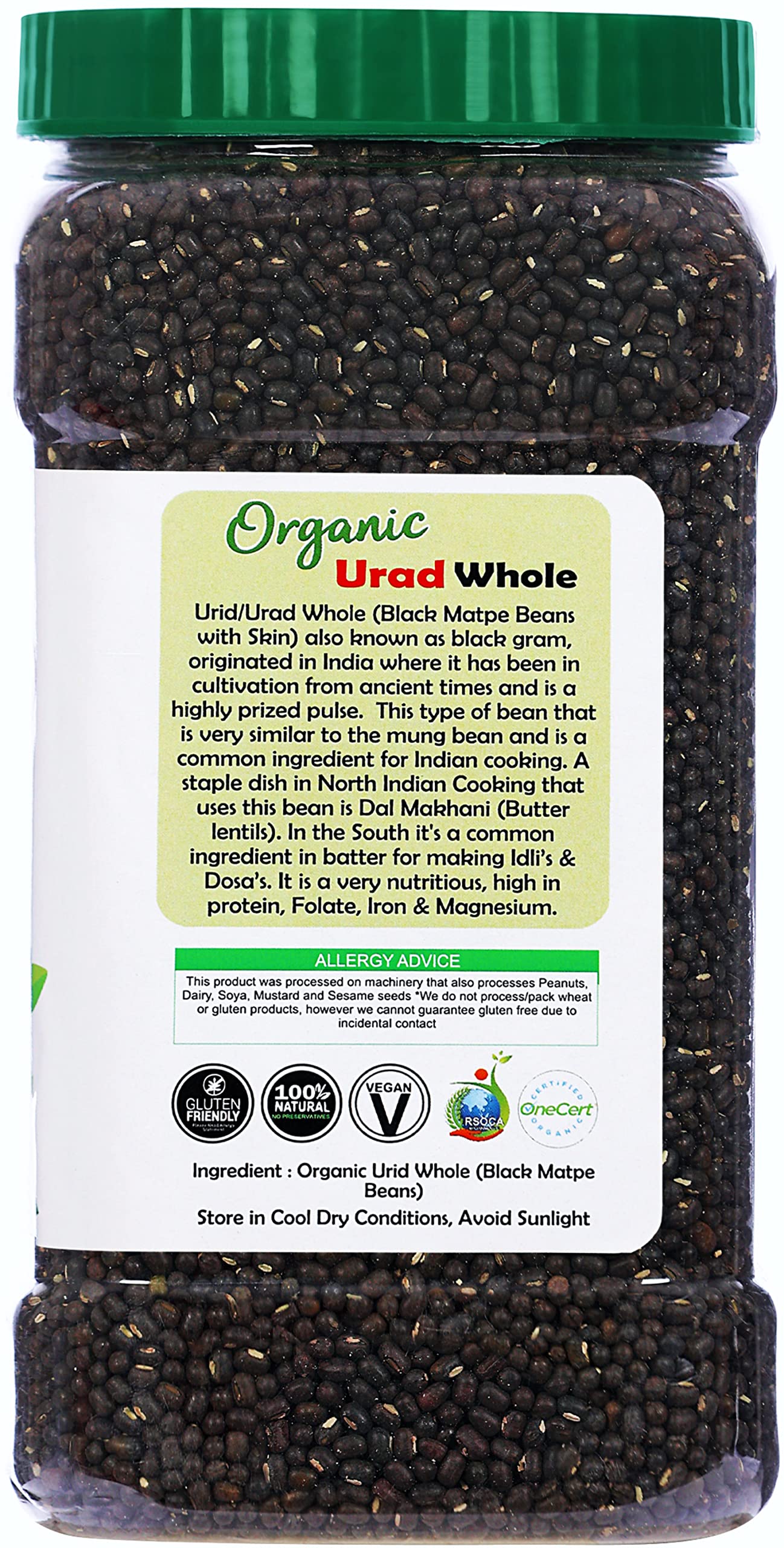 Rani Organic Urid/Urad Whole Black (Matpe Beans With Skin) Indian Lentils 64Oz (4Lbs) 1.81Kg Bulk Pet Jar ~ All Natural | Vegan