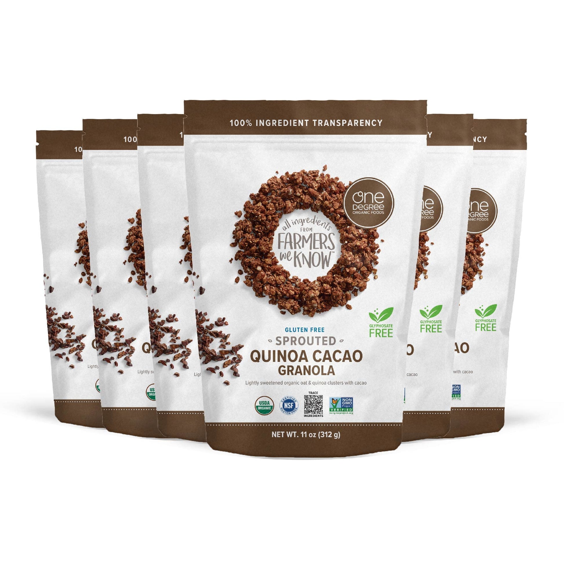 One Degree Organic Foods Sprouted Oat Quinoa Cacao Gluten Free Granola - Usda Organic, Vegan (11 Oz. - 6 Pack)