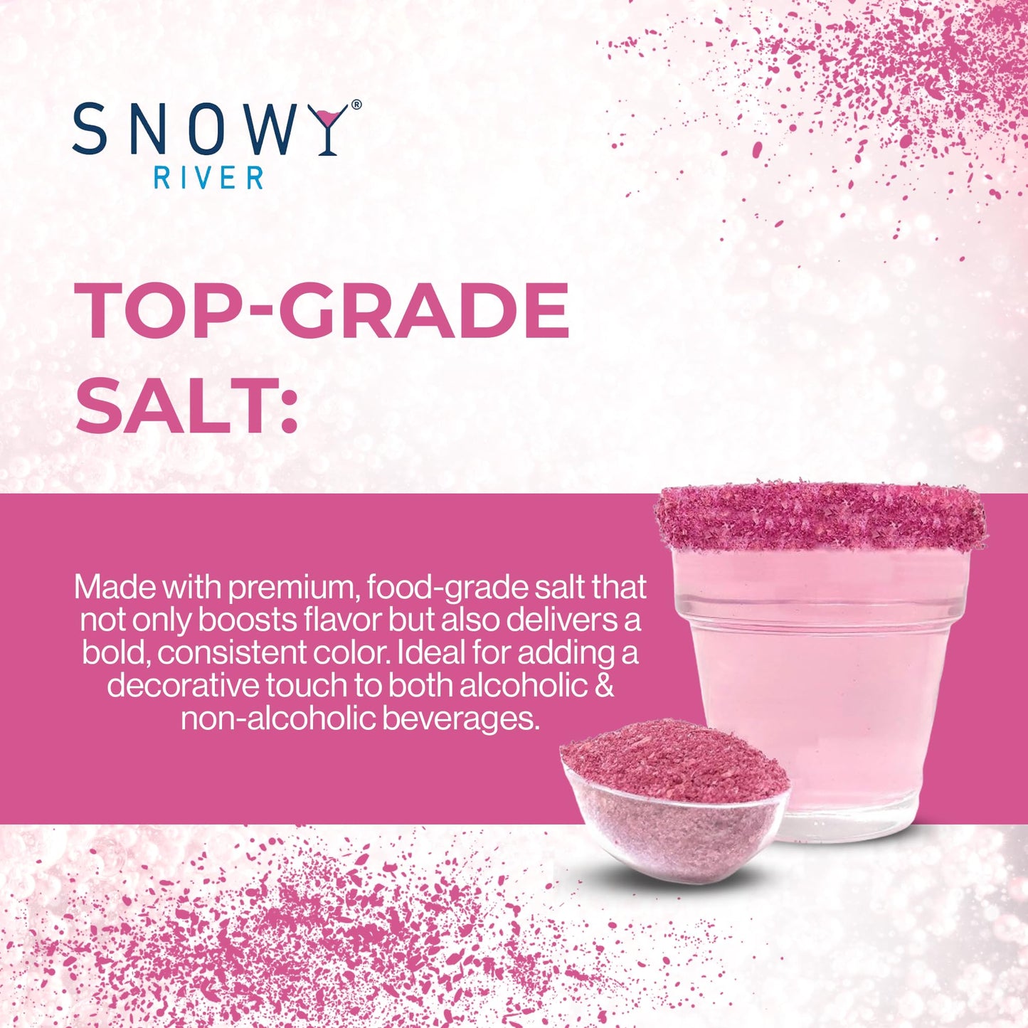 Snowy River Cocktail Rimming Salt, Pink, 4oz – Decorative Culinary Salt for Drinks and Desserts
