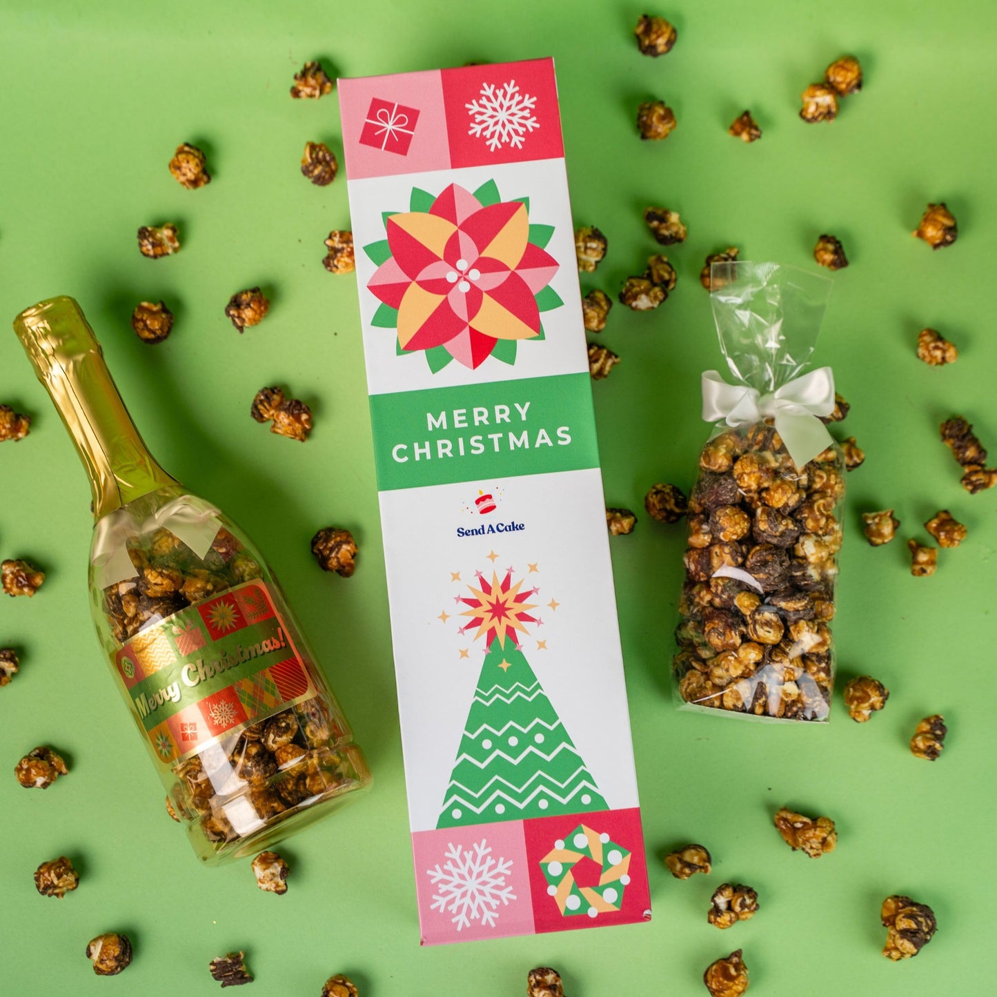 Merry Christmas Bubble Box With Holiday Caramel Corn By Send A Cake, Ready To Gift, No Assembly Required - Christmas Surprise - Unique Gift For Women, Men, Mature-Themed, Kids