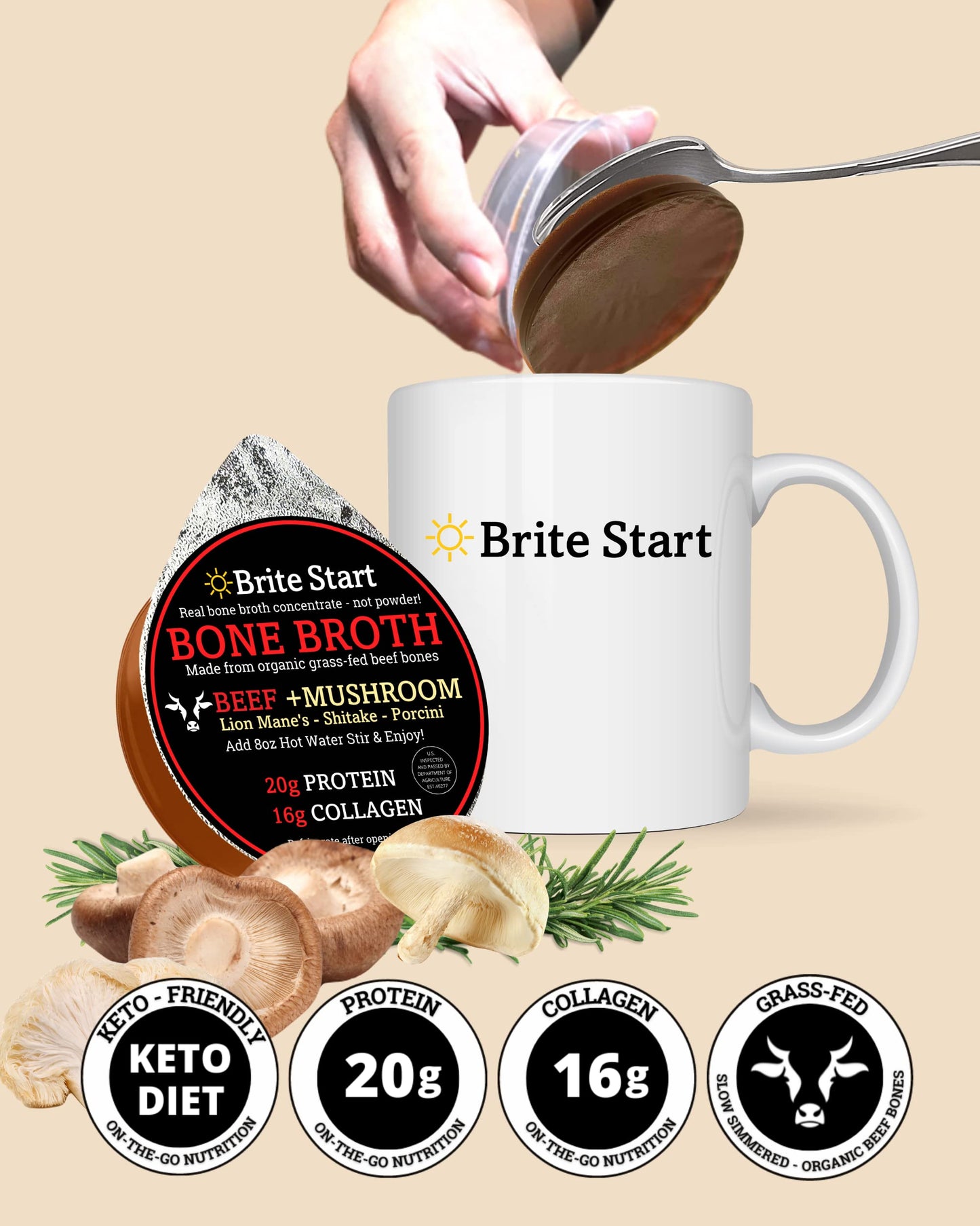 Brite Start Bone Broth - Beef + Mushrooms - Porcini, Shitake, Lions Mane - 12 Count - Keto Friendly Concentrate -16G Collagen 20