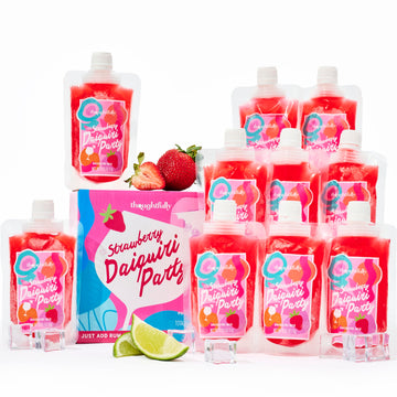 Thoughtfully Strawberry Daiquiri Party Set of 10 with Freezable Pouches and Funnel for Summer Drinks