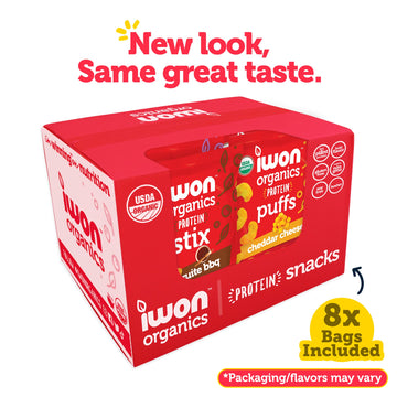 IWON Organics, Variety Pack of 8 Tasty Snacks, Protein Puffs and Snack Stix, High Protein and Organic Healthy Snacks, 5 Flavors,
