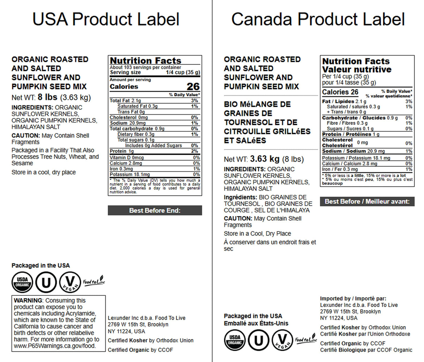 Food to Live Organic Dry Roasted Sunflower and Pumpkin Seed Mix with Himalayan Salt, 8 Pounds - Oven Roasted, Lightly Salted, No