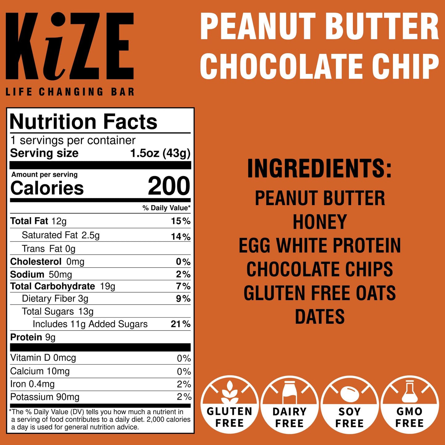 Kize Energy Bar, Peanut Butter Chocolate Chip, 6 Ingredients, 9G Protein, Clean & Simple Real Food, Gluten Free, Non-Gmo, Dairy