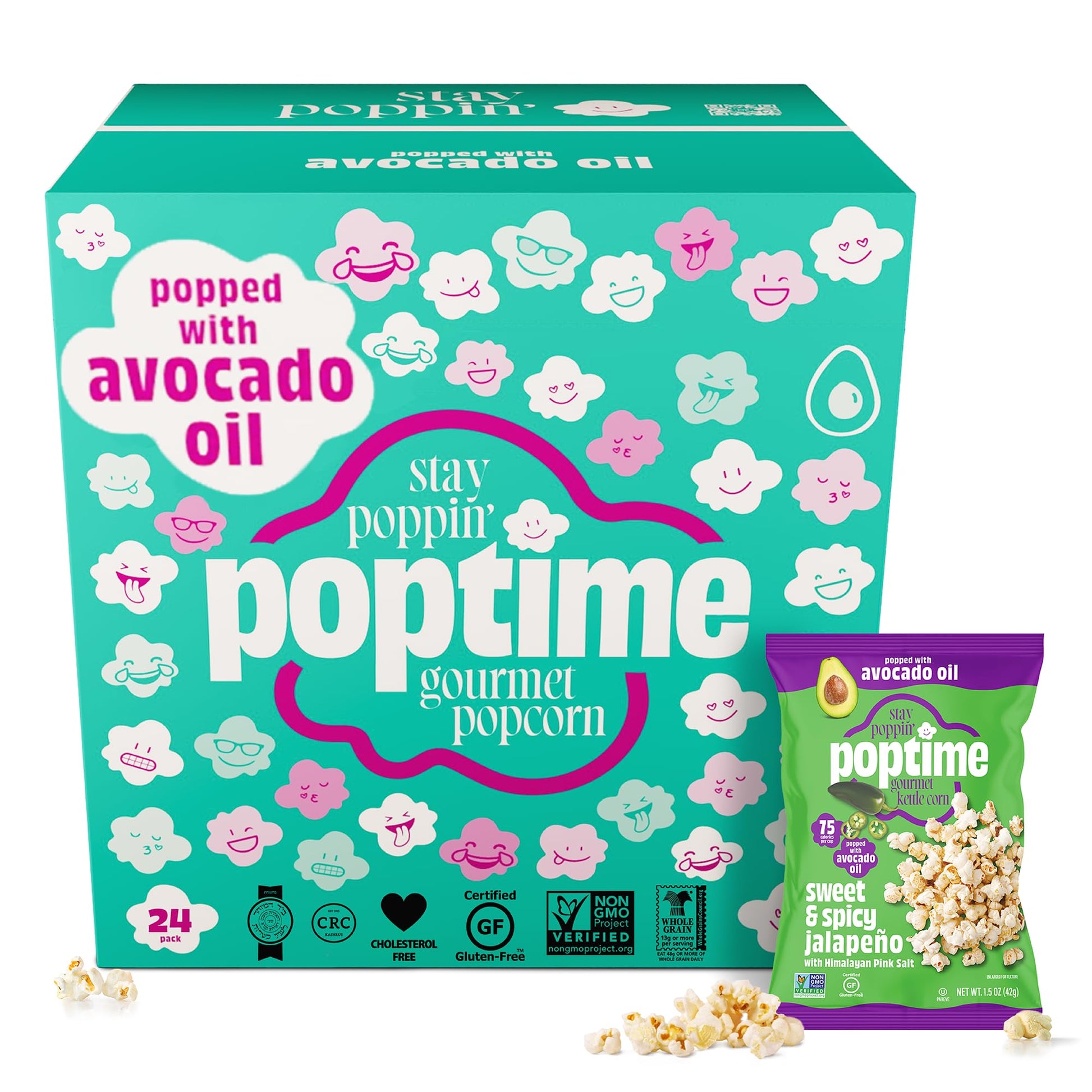Poptime Kettle Corn Popcorn Bags Individual Servings - Sweet & Spicy Jalapeno & Himalayan Pink Salt Popcorn Individual Bags, Hea