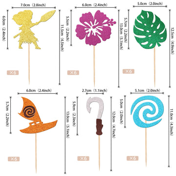 24 Pcs Moana Inspired Cupcake Toppers Assembled Glitter Palm Leaf Flower Moana Cupcake Picks For Tropical Hawaiian Luau Theme Ba