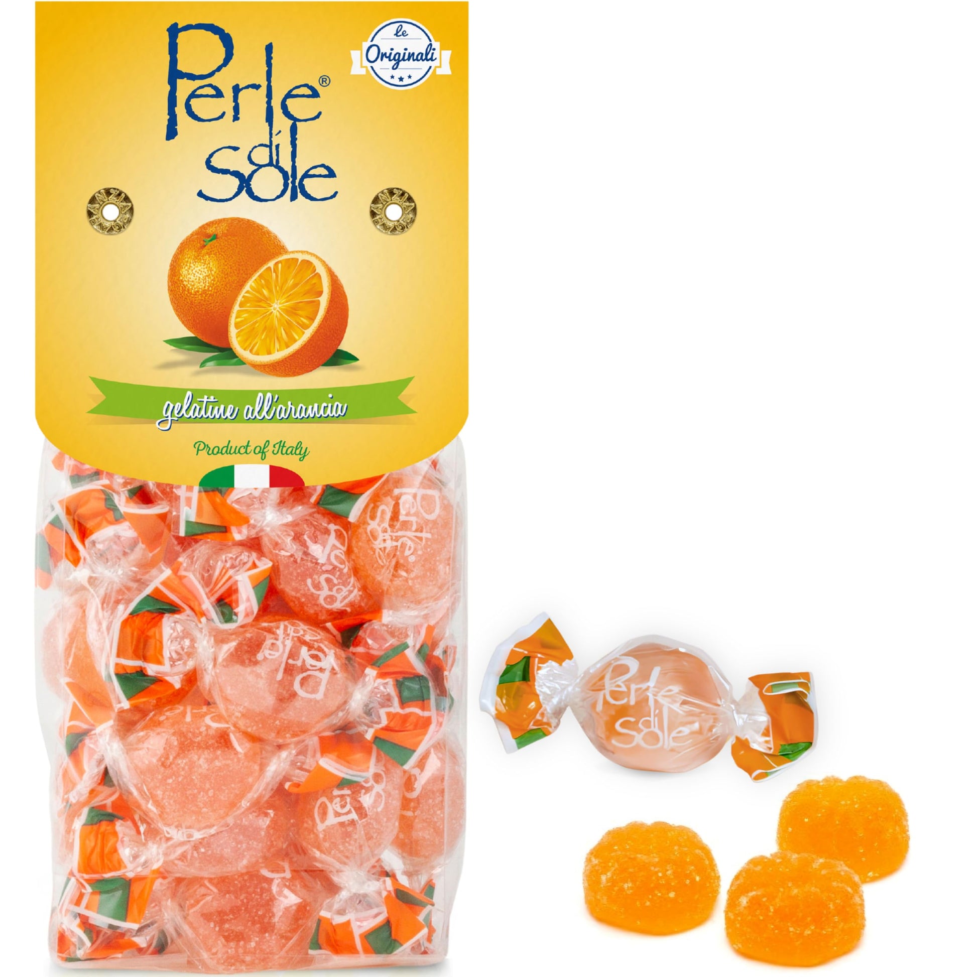 Perle di Sole Italian Fruit Jelly Candy from Italy - Orange Candies - Soft Jelly Candy Individually Wrapped - Italian Fruit Jell