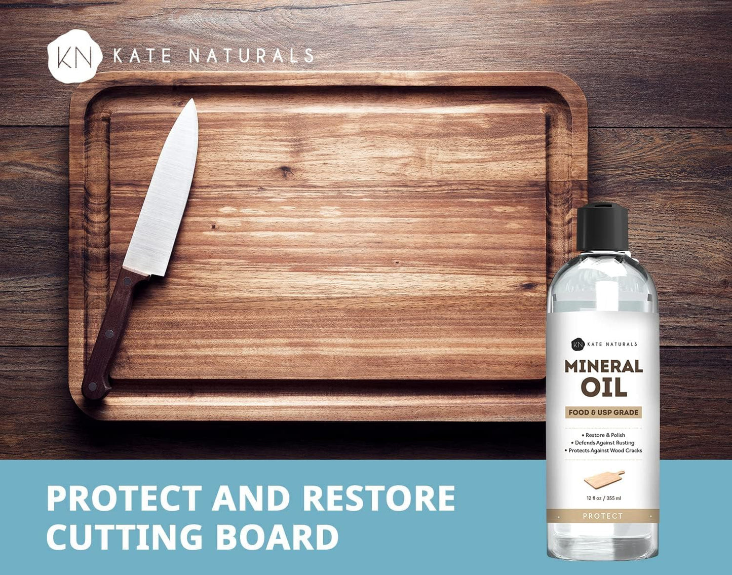 Kate Naturals Mineral Oil For Cutting Board 12Oz With Wax Applicator. Food Grade & Food Safe Mineral Oil To Protect Wood On Cutting Boards, Butcher Block & Bamboo Boards