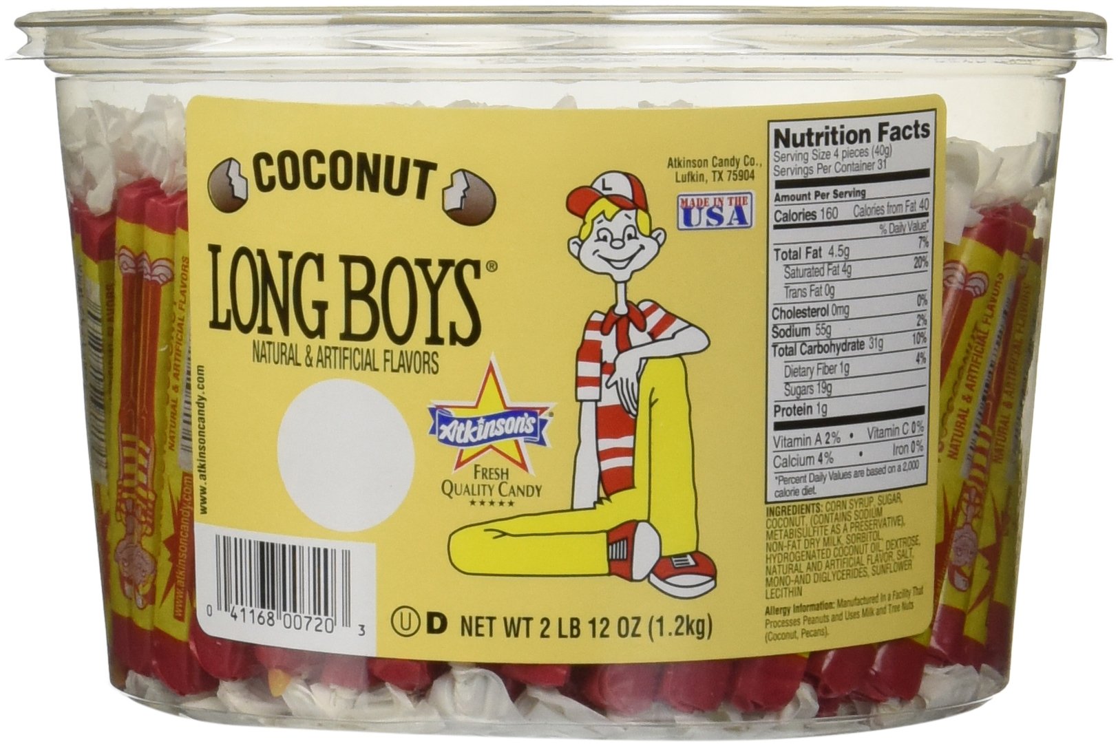 Atkinson Candy Long Boys Coconut Tub - Creamy Caramels And Real Coconut Flakes, Fresh Quality Candy - 130 Pieces, 12 Ounces