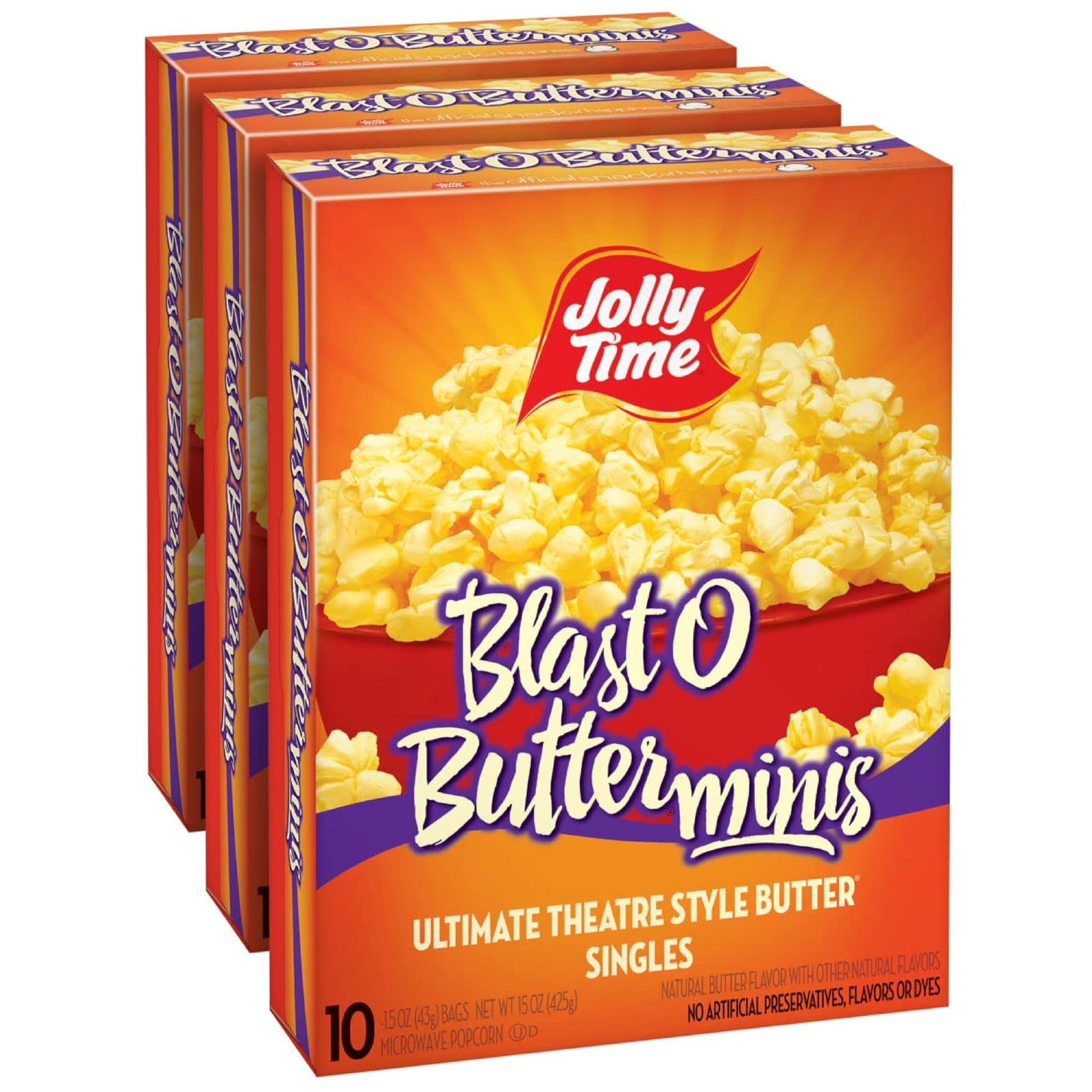 Jolly Time Blast O Butter  Ultimate Movie Theater Butter Microwave Popcorn  1.5Oz Personal Bag  10 Bags Per Carton (Blast O Butter Minis  1.5 Ounce (Pack Of 30))