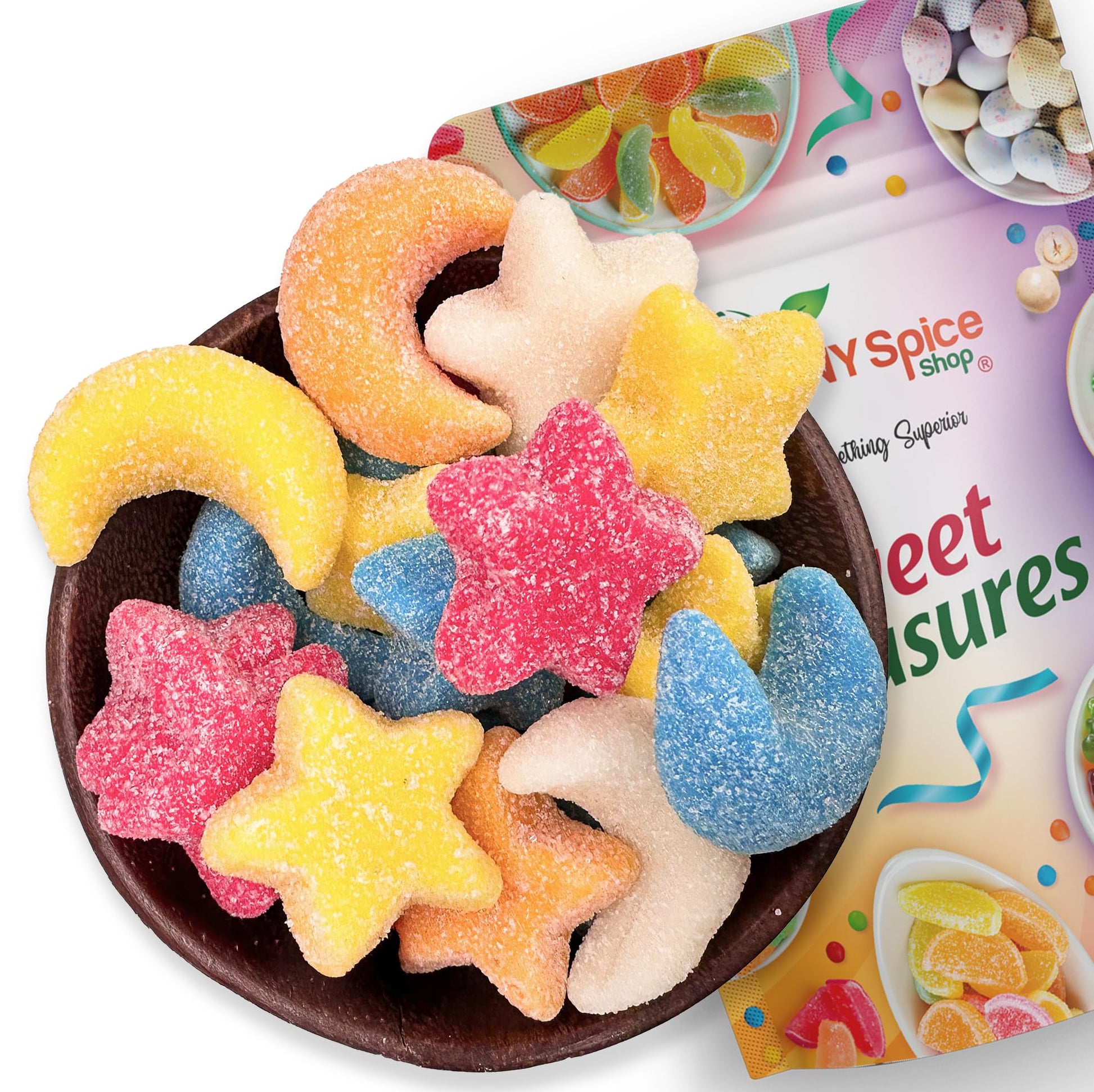 NY Spice Shop Gummy Stars Moon Shaped Glitter Fun - 3 Pound Glittery Candy for Cookies - Chewy Bulk Candy - Stars and Moons Gumm