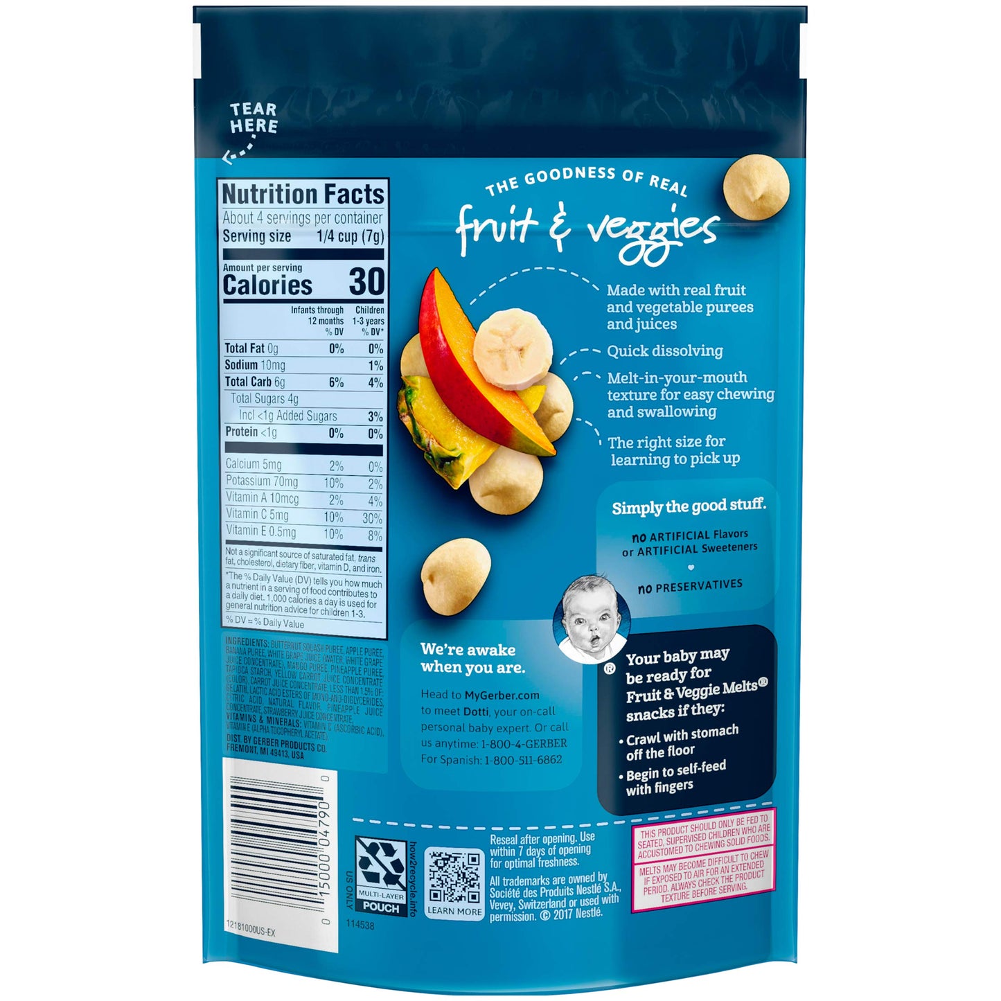 Gerber Fruit & Veggie Melts Freeze-Dried Fruit & Vegetable Snacks, Truly Tropical Blend, 1 Ounce, 3 Pack