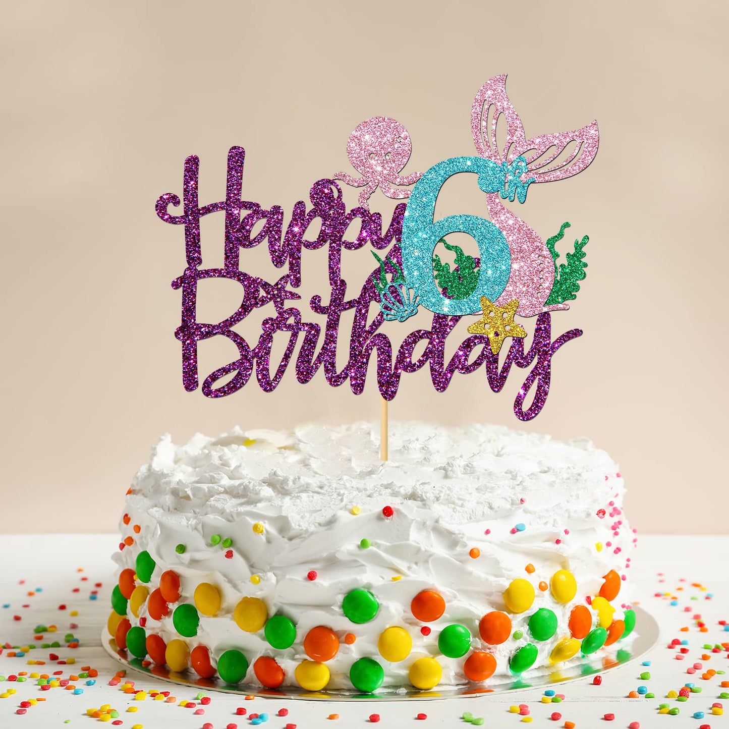 Roadsea Mermaid Happy 6Th Brithday Cake Topper - Under The Sea Theme Girl Kid Six Birthday Cake Supplies/Ocean World 6Th Mermaid