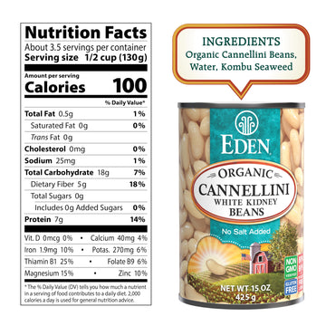Eden Organic Cannellini White Kidney Beans, No Salt Added, 15-Ounce Cans (Pack Of 12)