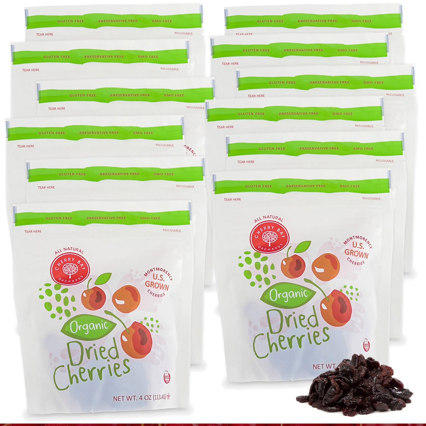 Cherry Bay Orchards Organic Dried Cherries (4oz Bags, 12 Pack) - All Natural Montmorency Cherries - US Grown, No Pesticides, Org