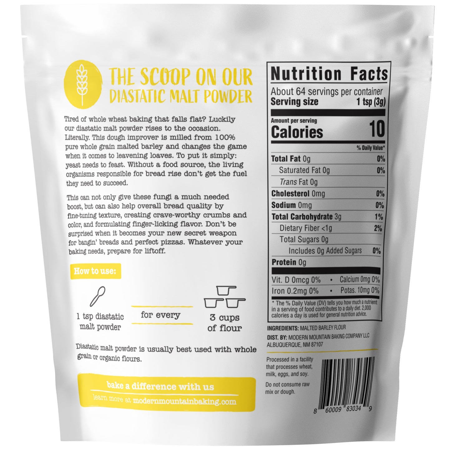 MODERN MOUNTAIN Diastatic Malt Powder, 7oz, Non-GMO, Enhances Bread Texture and Flavor