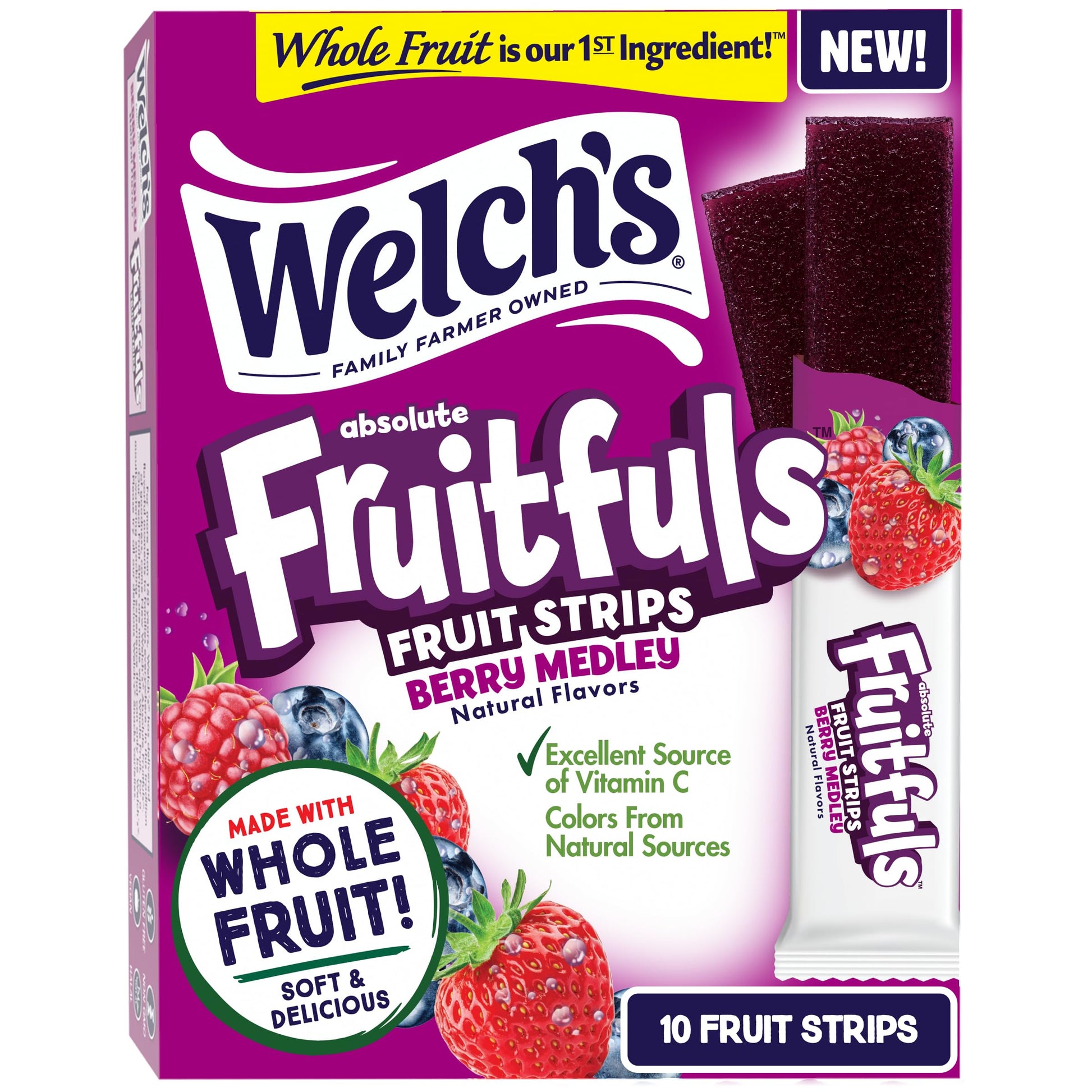 Welchs Fruit Strips, Berry Medley, Dried Fruit Snacks, Pack of 10, 0.5oz Each