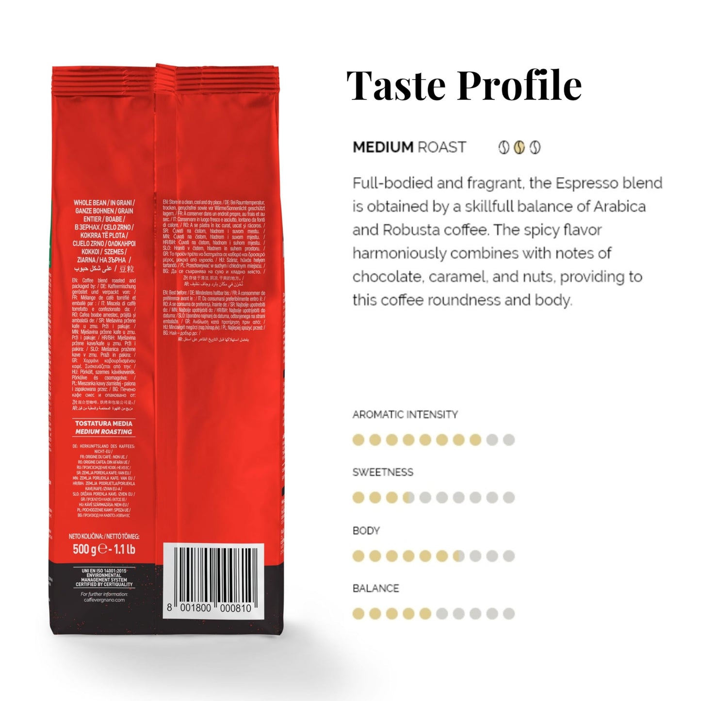 Caffe Vergnano 1882 Espresso Whole Bean Arabica Roast Coffee, 1.1 Lb Bag - Italian Medium Roast Coffee Beans With Notes Of Chocolate, Nuts & Caramel, Intensity 7/10-500G Bag