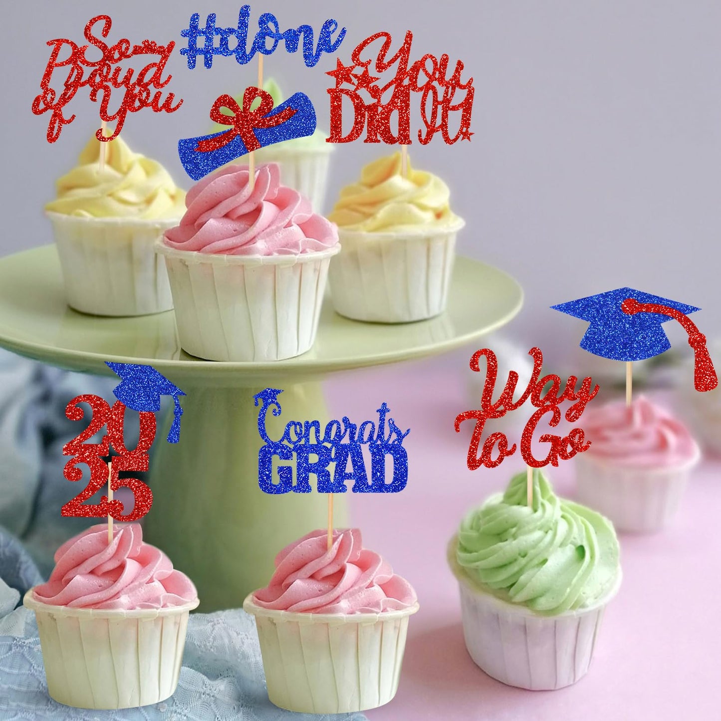 32Pcs Graduation Cupcake Toppers 2025 Red And Blue, Class Of 2025 Cupcake Toppers Graduation 2025 Food Picks For 2025 Party Cake